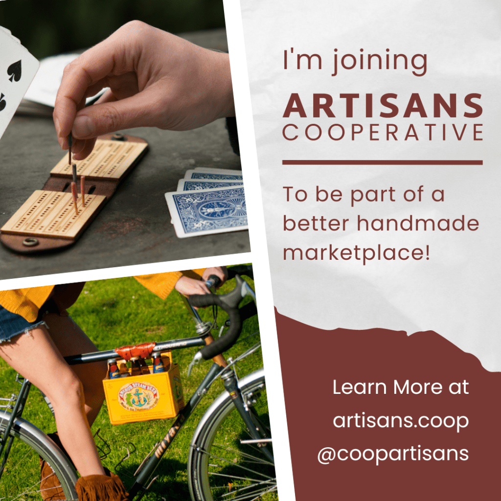 Meme with pictures of Walnut Studiolo products Travel Cribbage Board and 6-Pack Frame Cinch that says I'm joining Artisans Cooperative to be a part of a better handmade marketplace