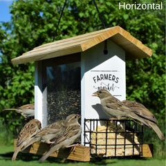 lots of birds feeding from hopper bird feeder