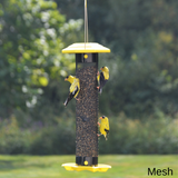goldfinches feeding from mesh tube bird feeder