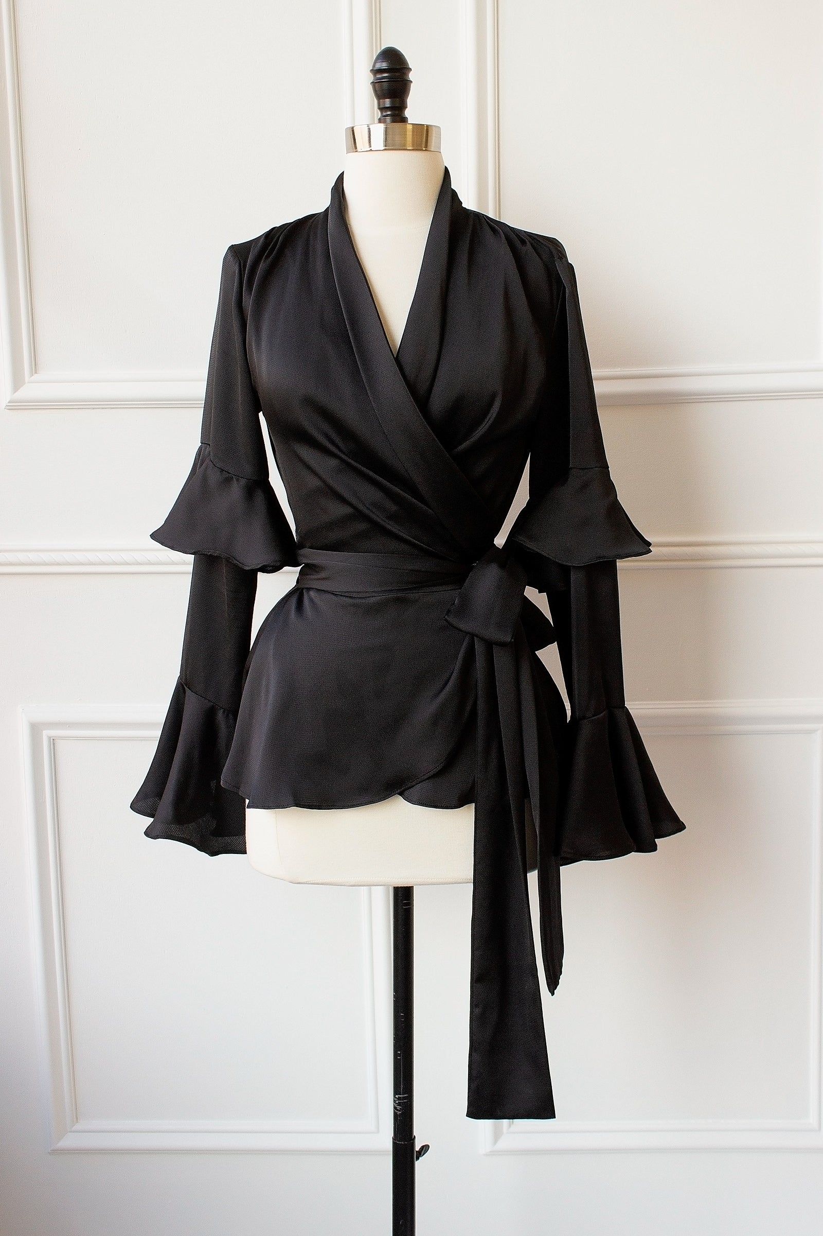 black satin wrap blouse