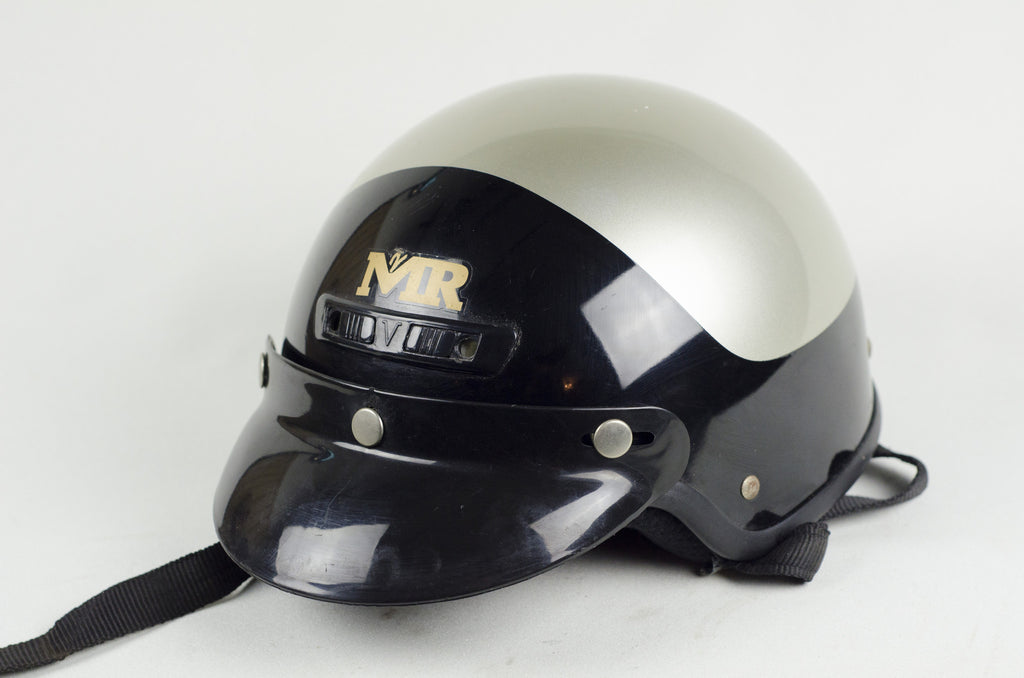 Vintage Half Shell Motorcycle Helmet - Black and Silver | qpcollections