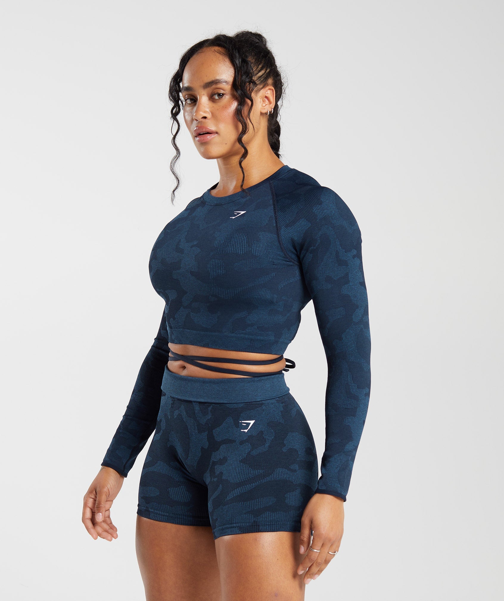 Gymshark Adapt Camo Seamless Ribbed Long Sleeve Crop Top - Midnight Blue/Ash  Blue