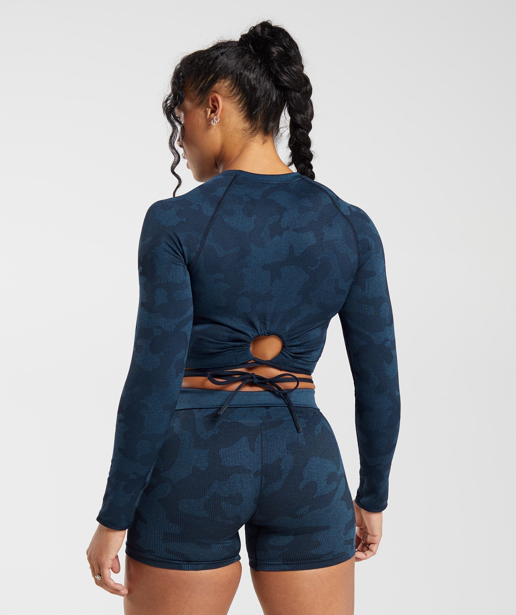 Gymshark Adapt Camo Seamless Ribbed Long Sleeve Crop Top - Midnight  Blue/Ash Blue