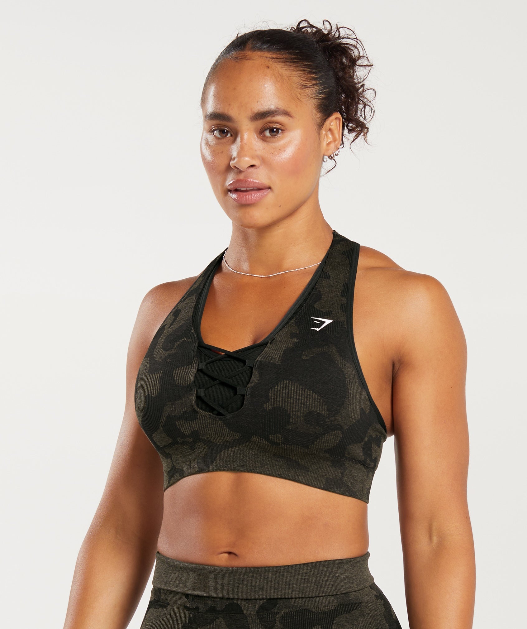 Gymshark Adapt Camo Seamless Lace Up Back Top - Moss Olive/Core