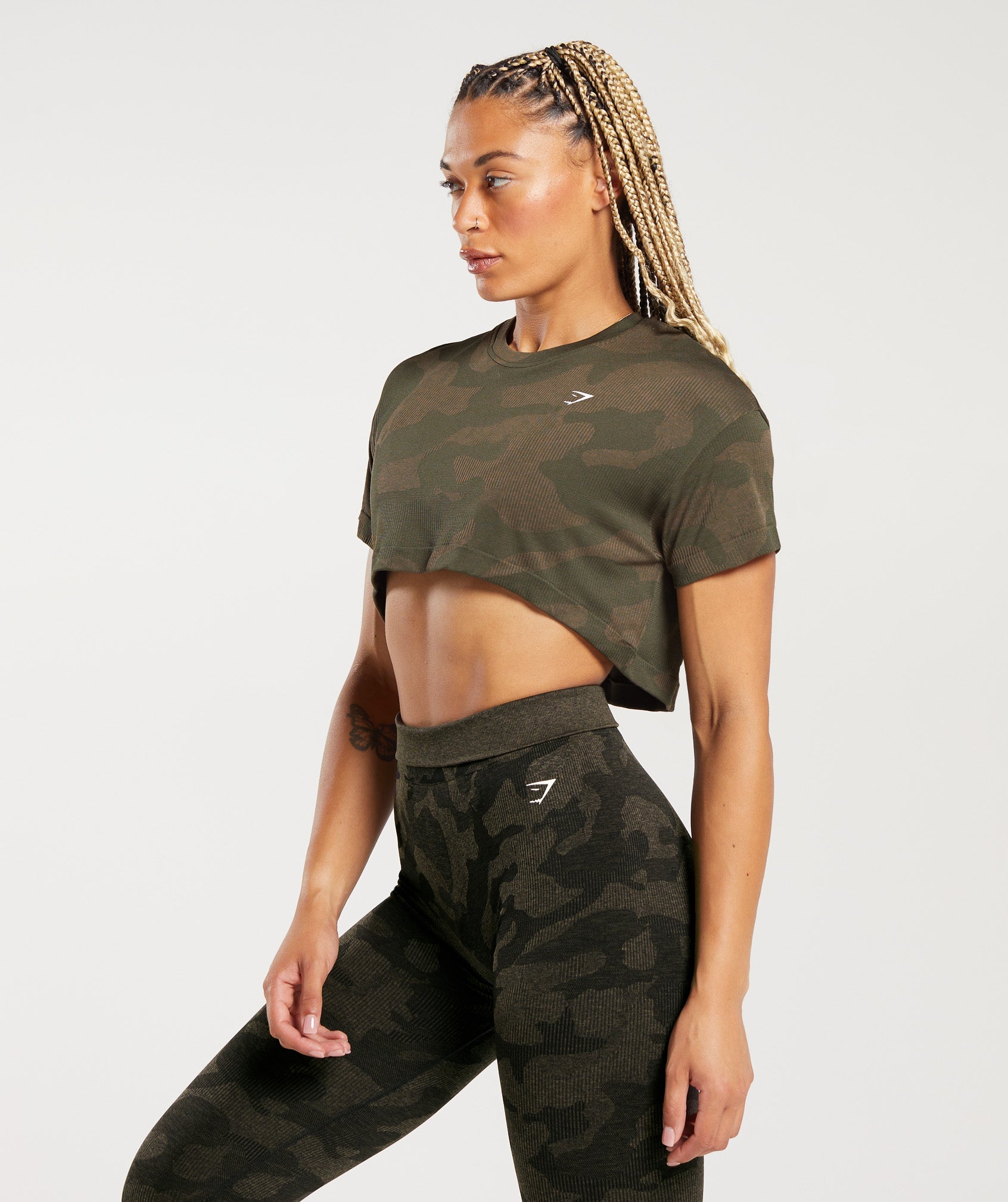 Adapt Camo Seamless Ribbed Crop Top in Winter Olive/Soul Brown - view 3