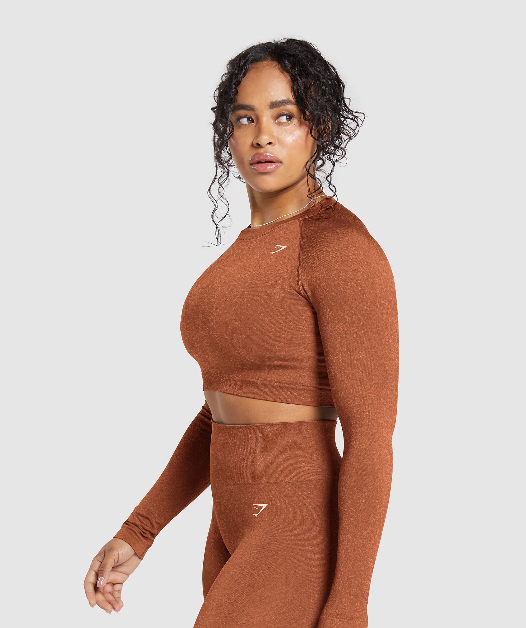 Adapt Fleck Seamless Long Sleeve Crop Top in Copper Brown/Terracotta Orange - view 3