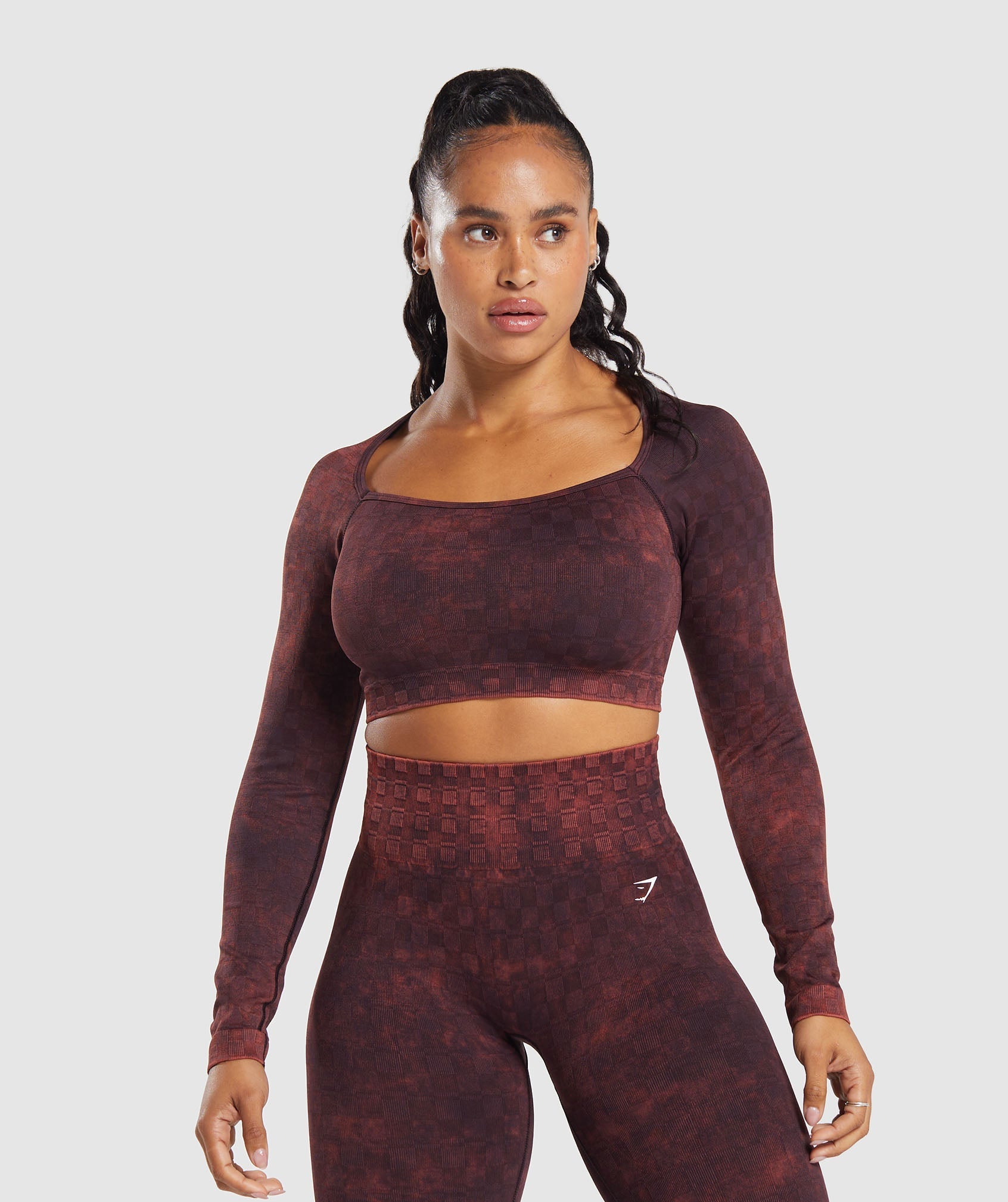 Check Seamless Washed Long Sleeve Top in Plum Brown - view 2