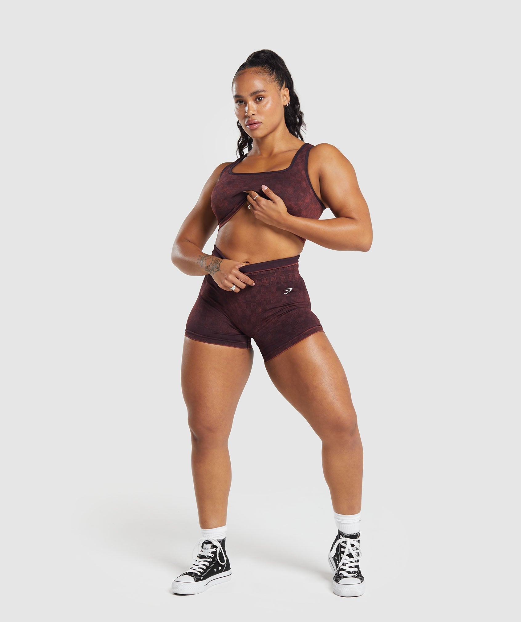 Gymshark Check Seamless Washed Sports Bra - Plum Brown