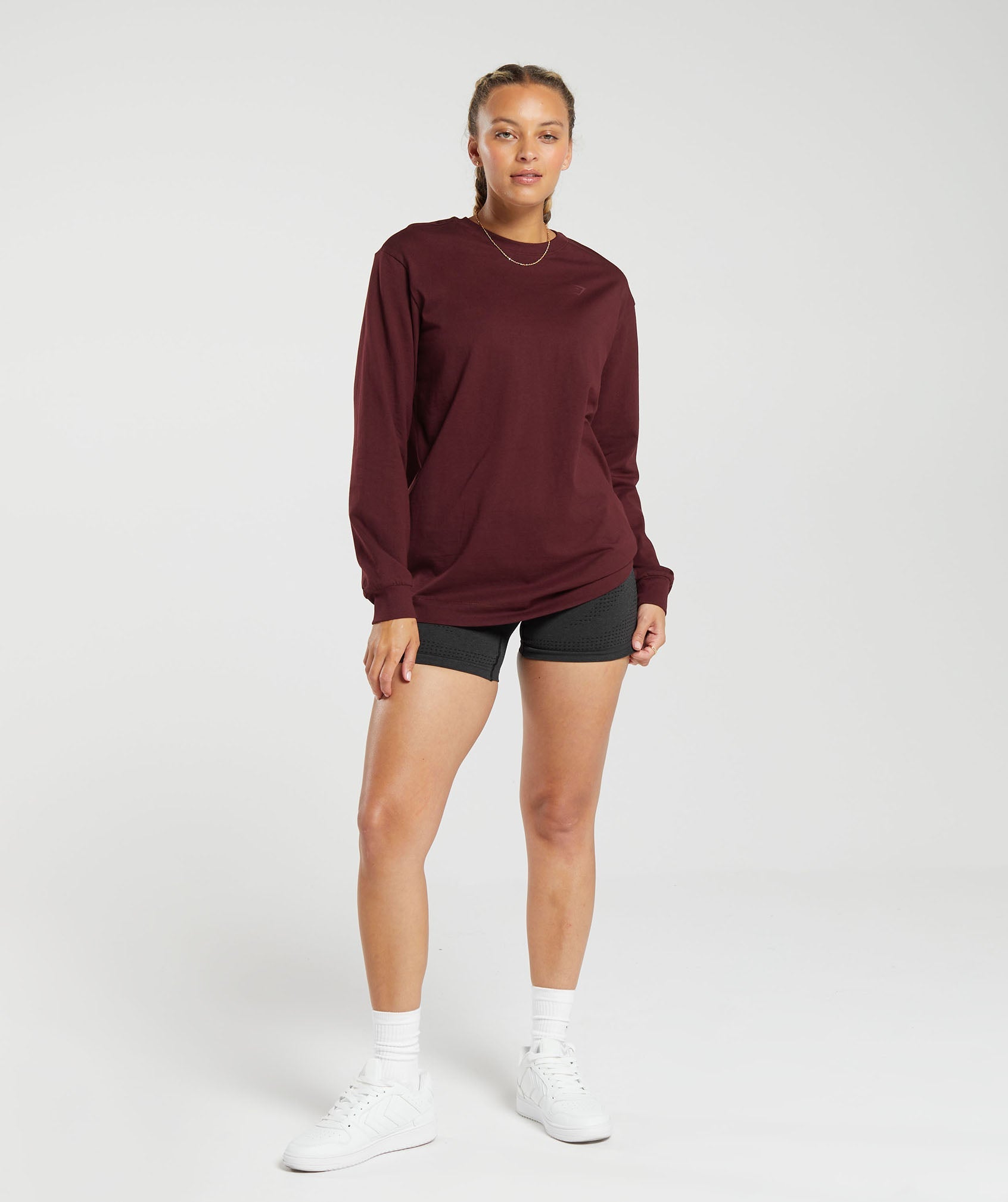 Cotton Oversized Long Sleeve Top in Rich Maroon - view 4