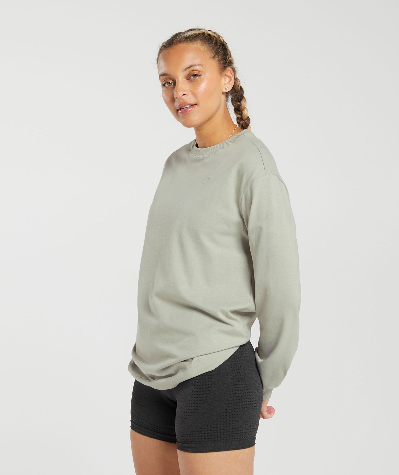 Cotton Oversized Long Sleeve Top in Stone Grey - view 3