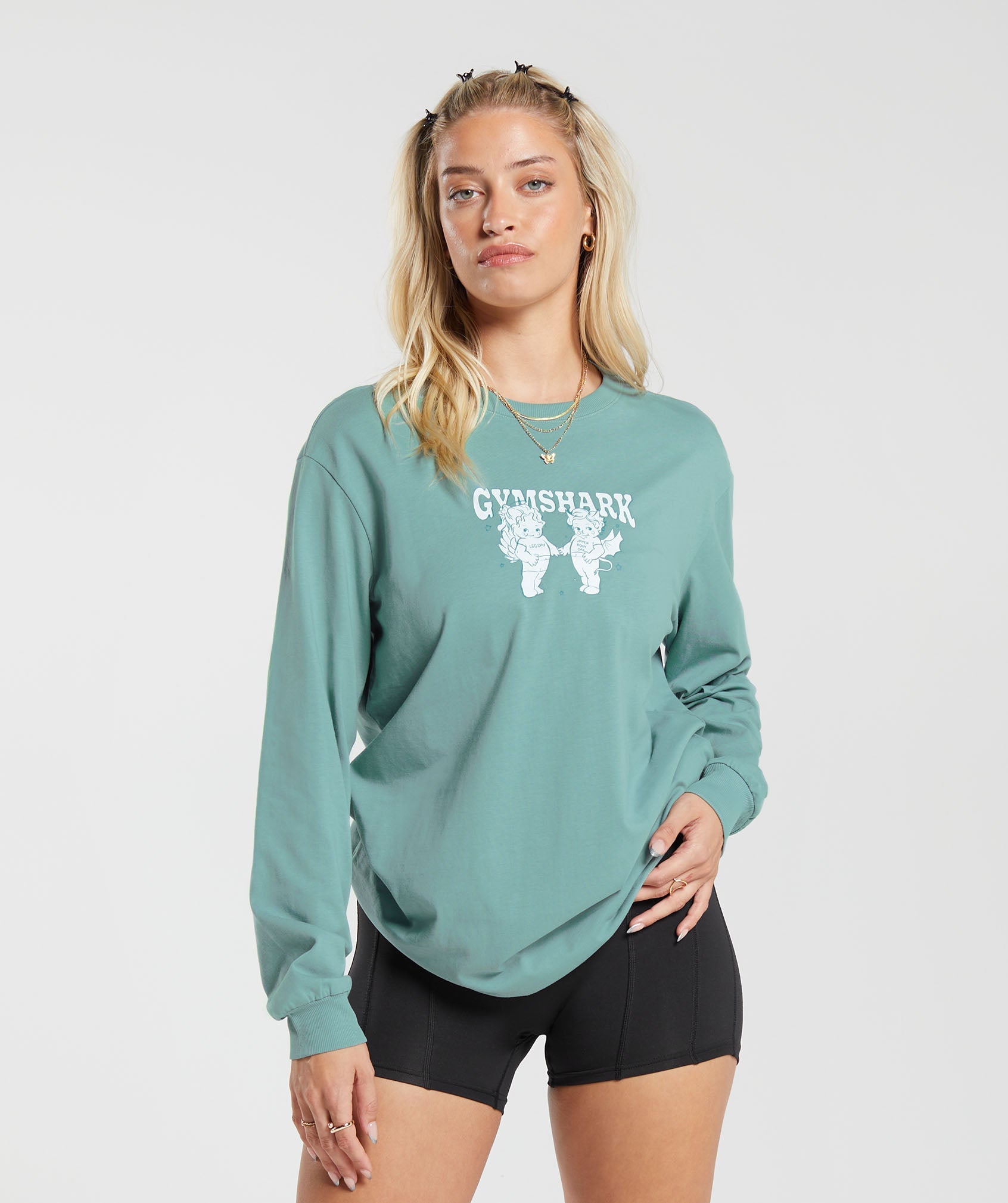 Cherub Graphic Long Sleeve Top in Duck Egg Blue - view 1
