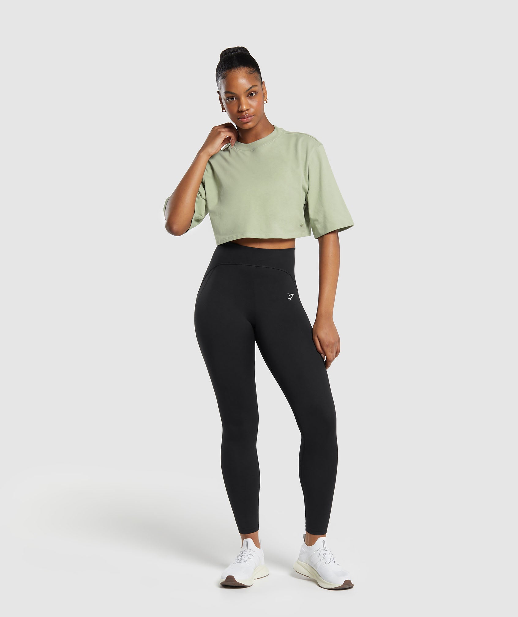 Cotton Boxy Crop Top in Faded Green - view 4