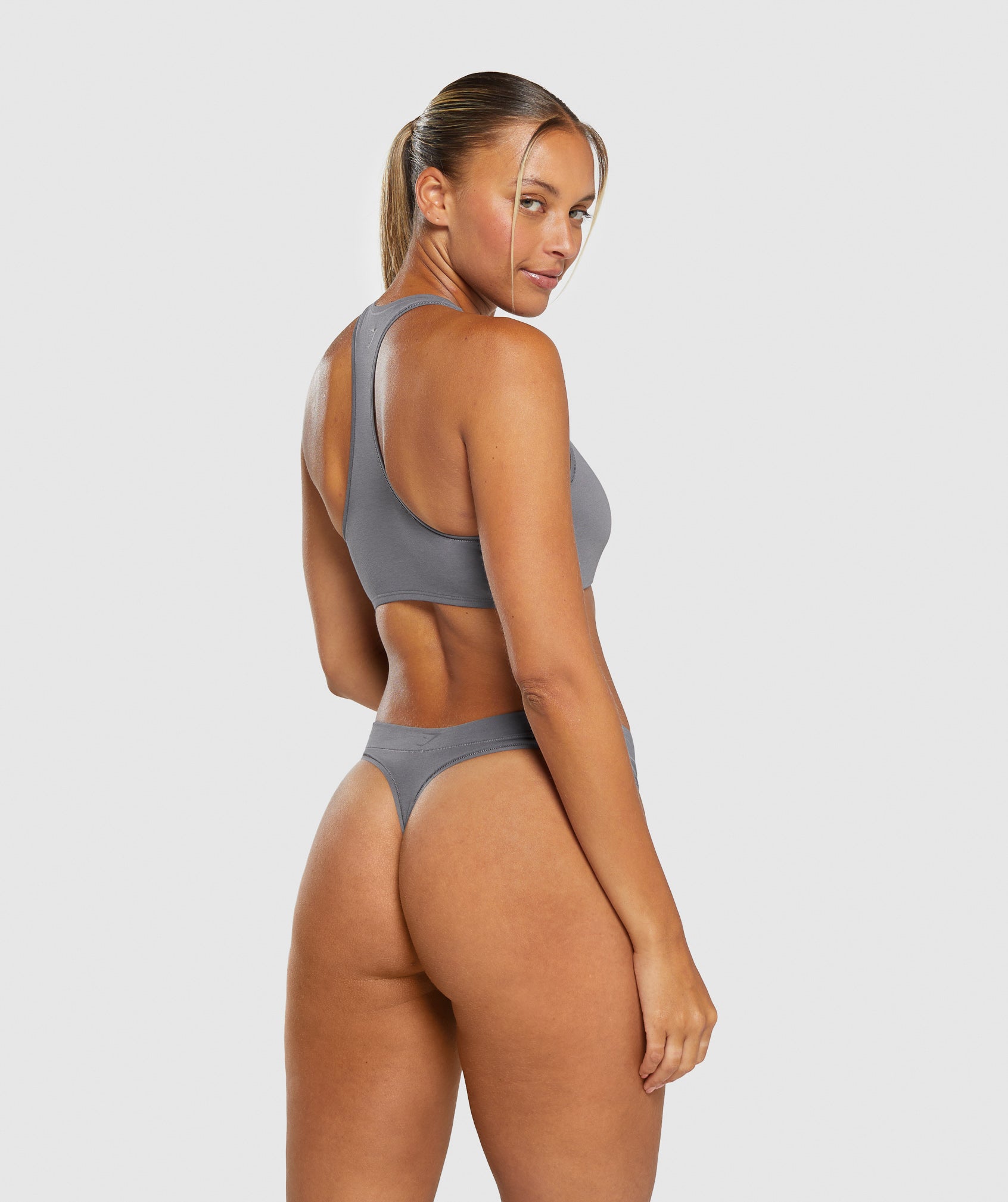 Cotton High Leg Thong in Brushed Grey - view 4