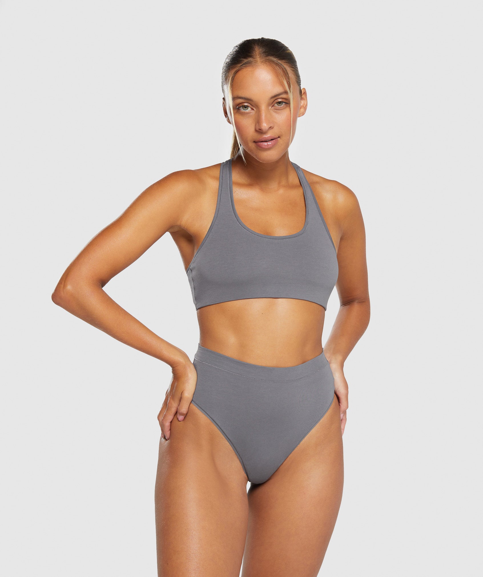 Cotton High Waisted Thong in Brushed Grey - view 3