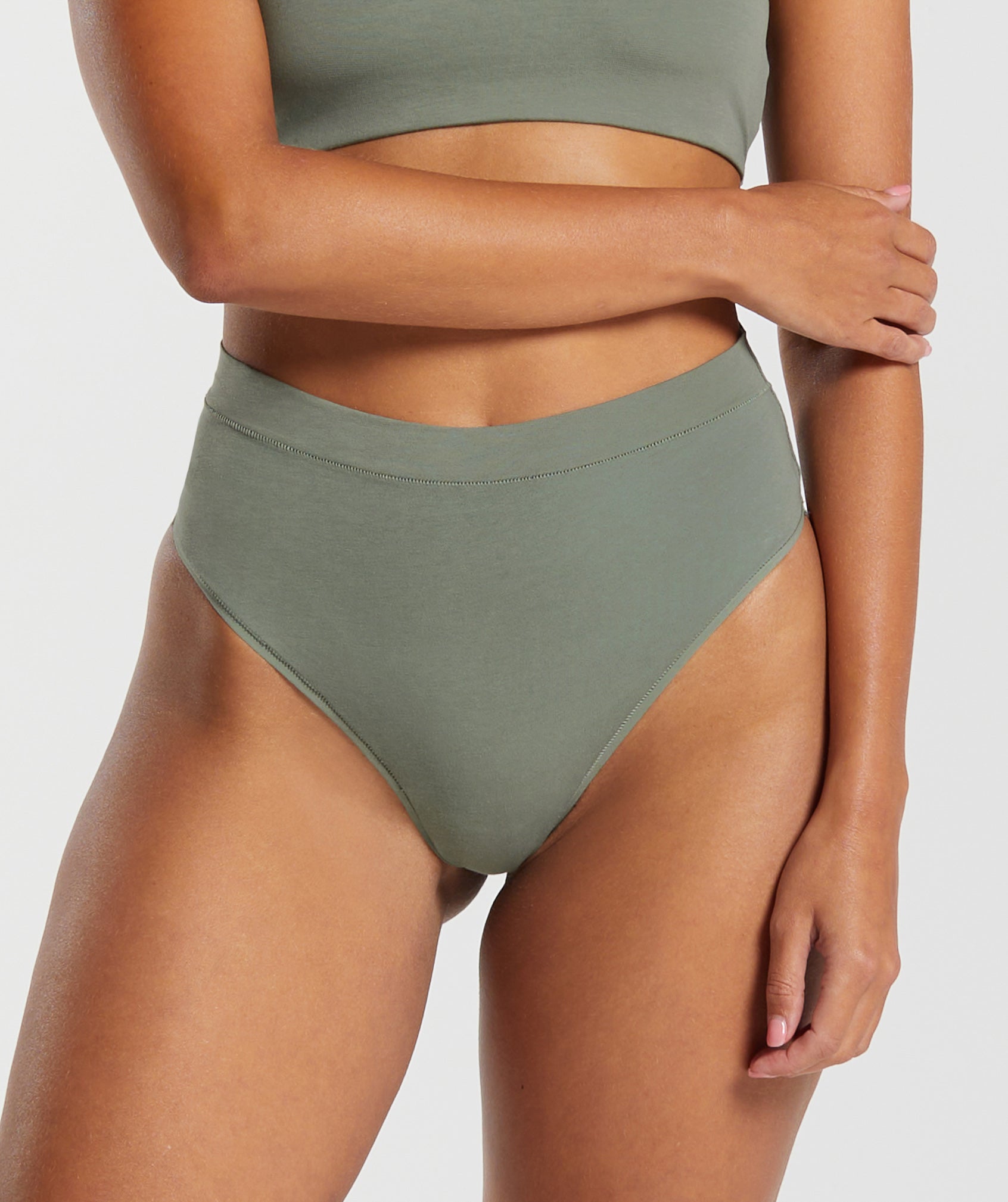 Cotton High Waisted Thong in Unit Green - view 1