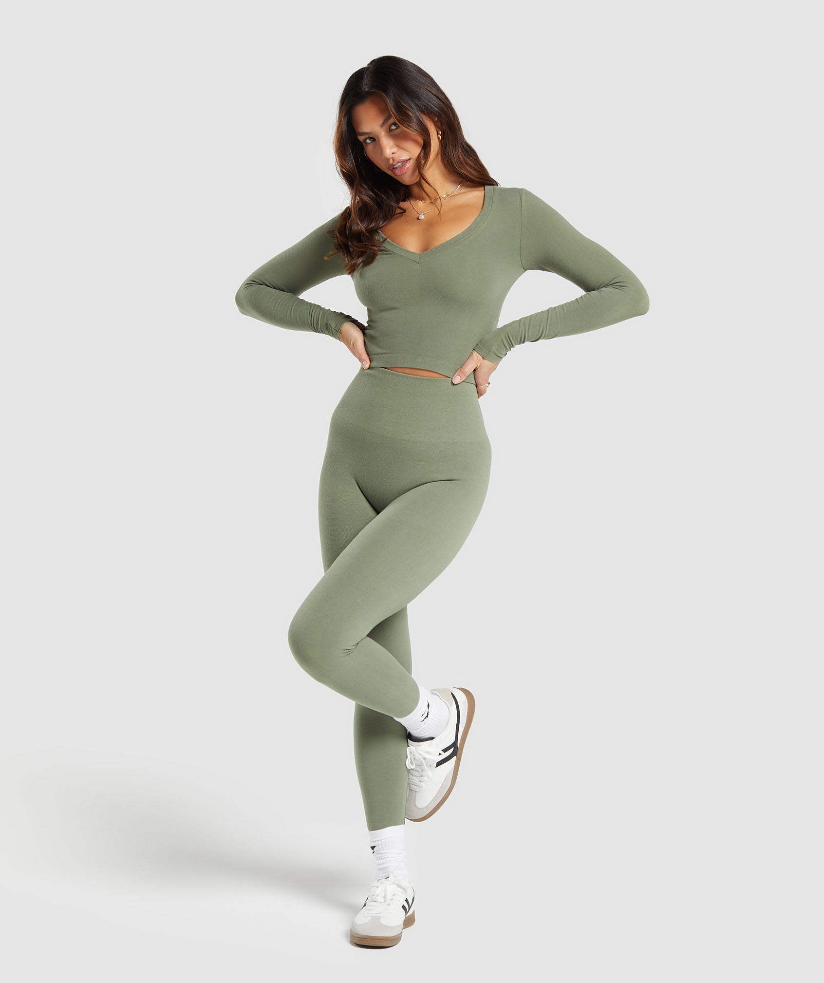 Cotton Seamless Long Sleeve Midi Top in Base Green - view 4