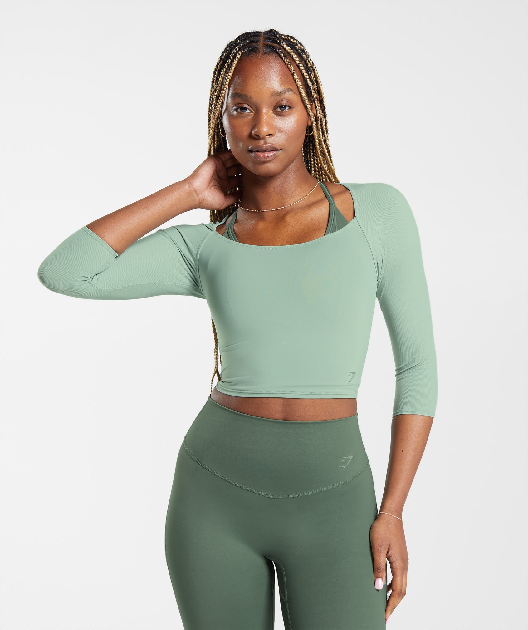 Gymshark Elevate 3/4 Sleeve Crop Top - Desert Sage Green | Gymshark