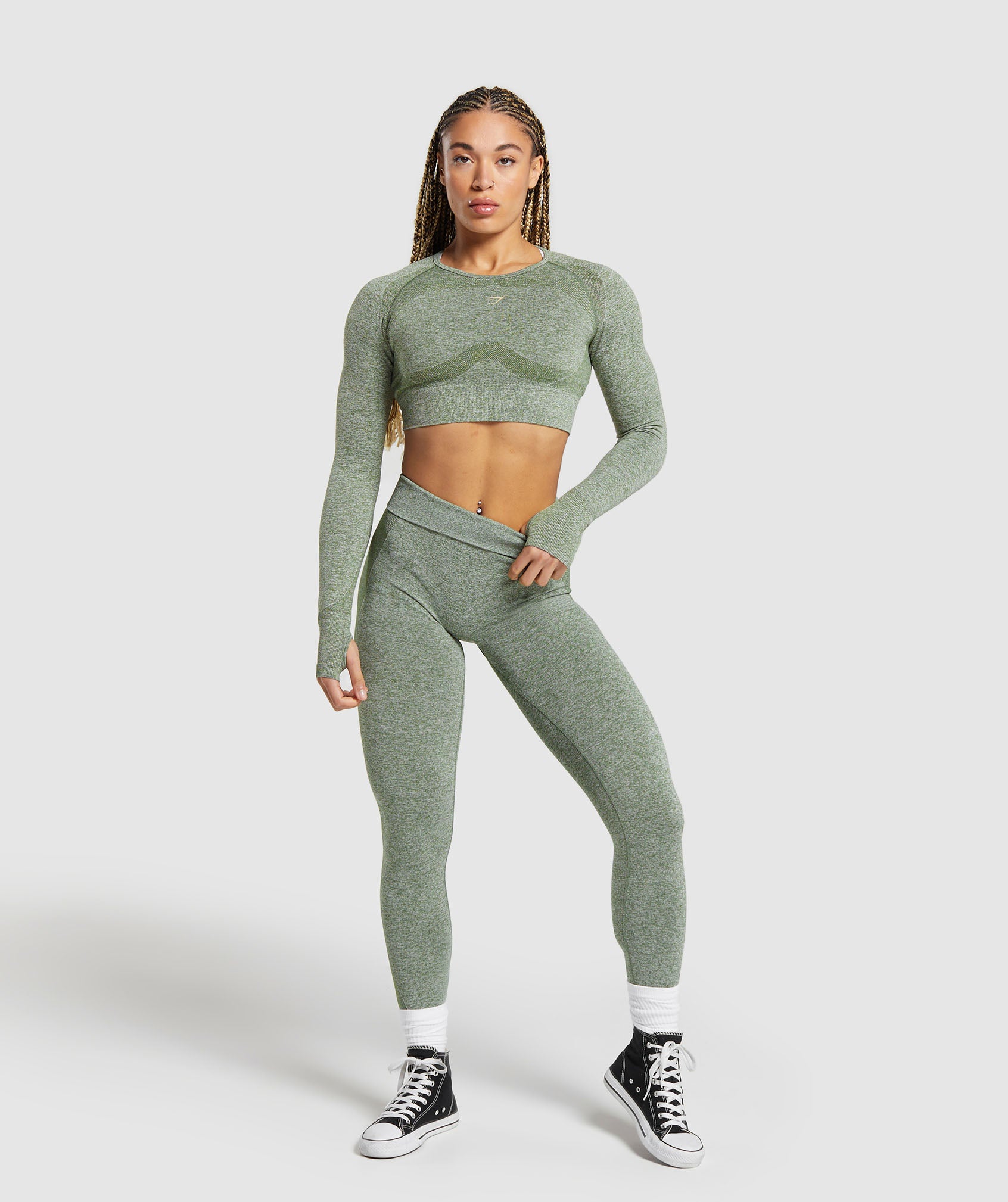 Gymshark Flex Long Sleeve Crop Top - Force Green/Vanilla Beige