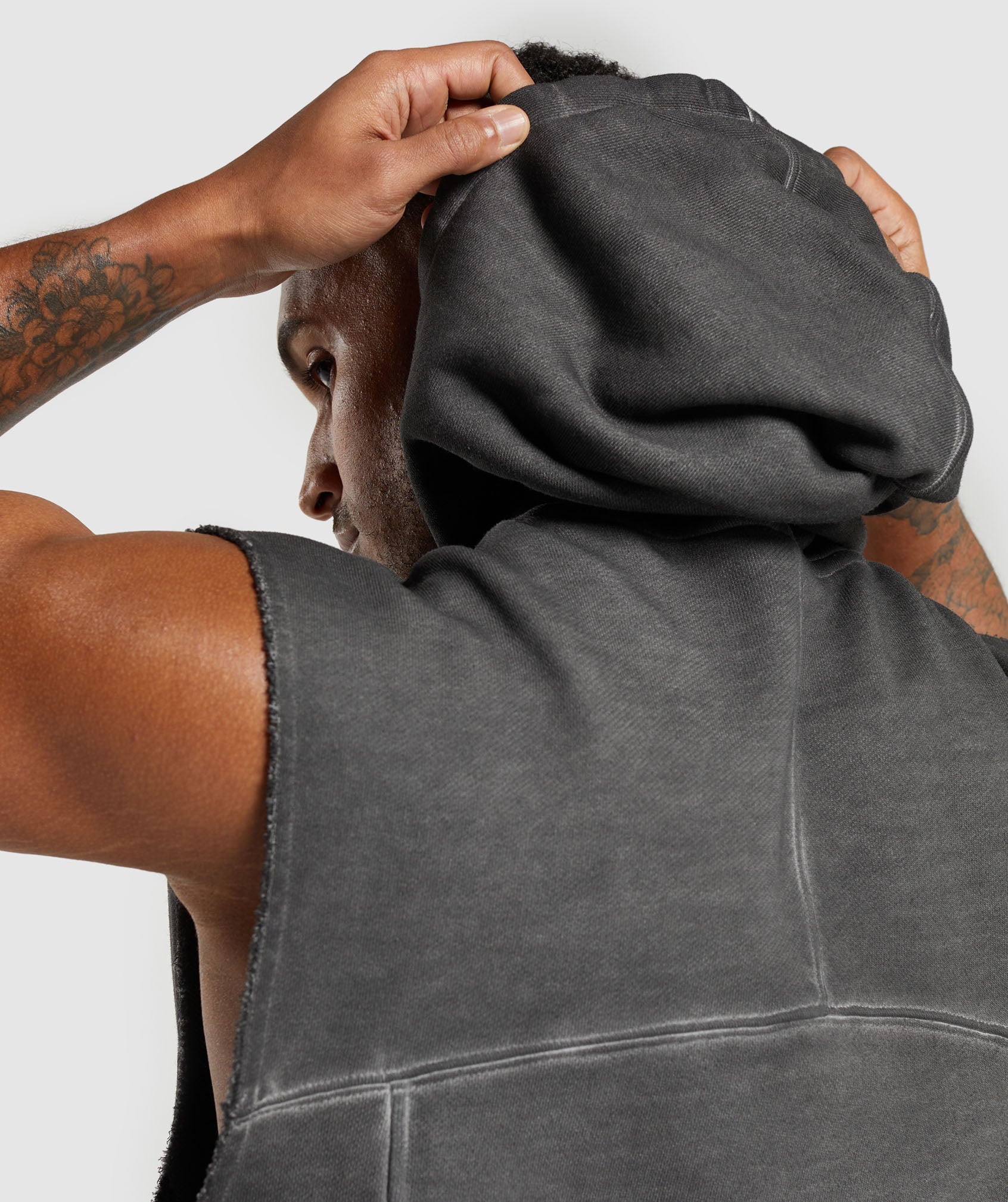 Heavyweight Washed Cut Off Hoodie in Black - view 5