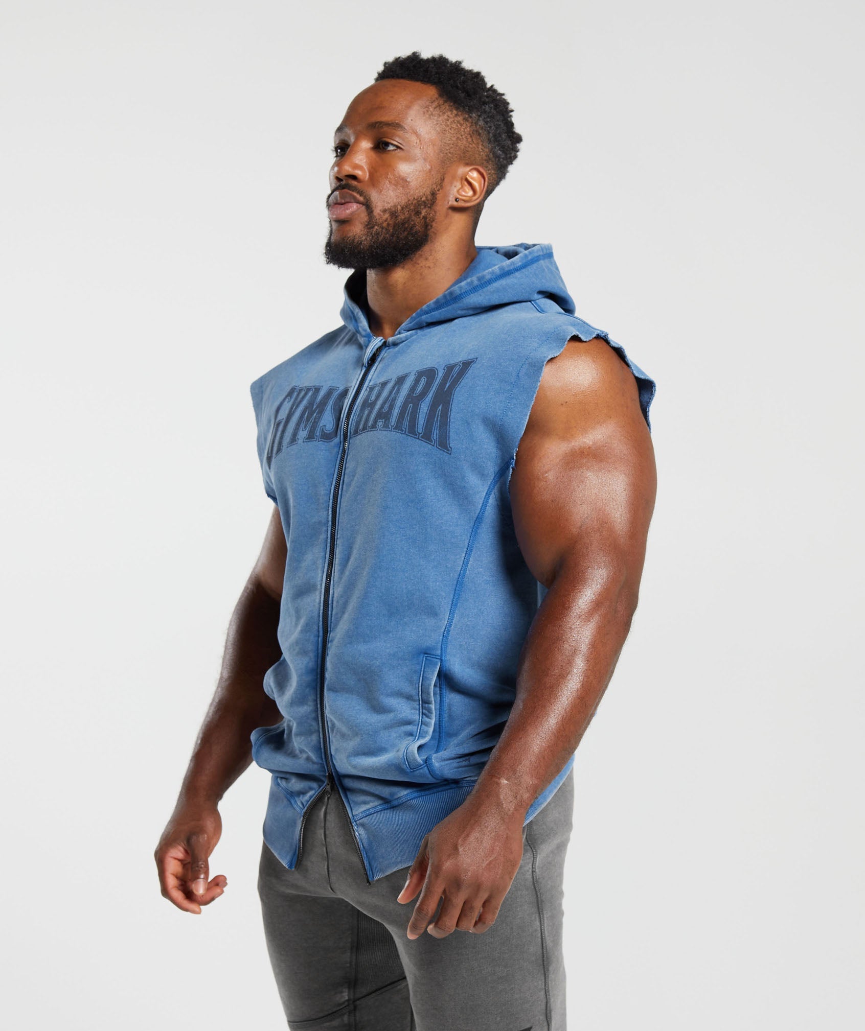 Heritage Washed Sleeveless Zip Hoodie in Vintage Blue - view 3