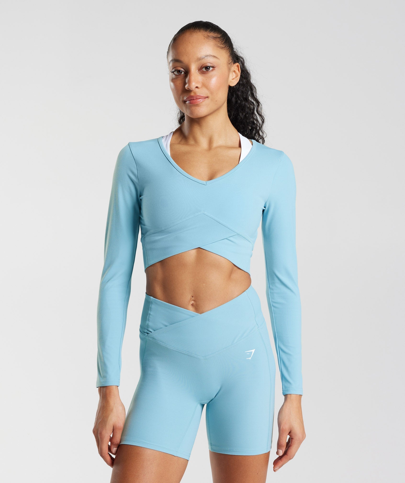 Crossover Long Sleeve Crop Top in Iceberg Blue - view 1