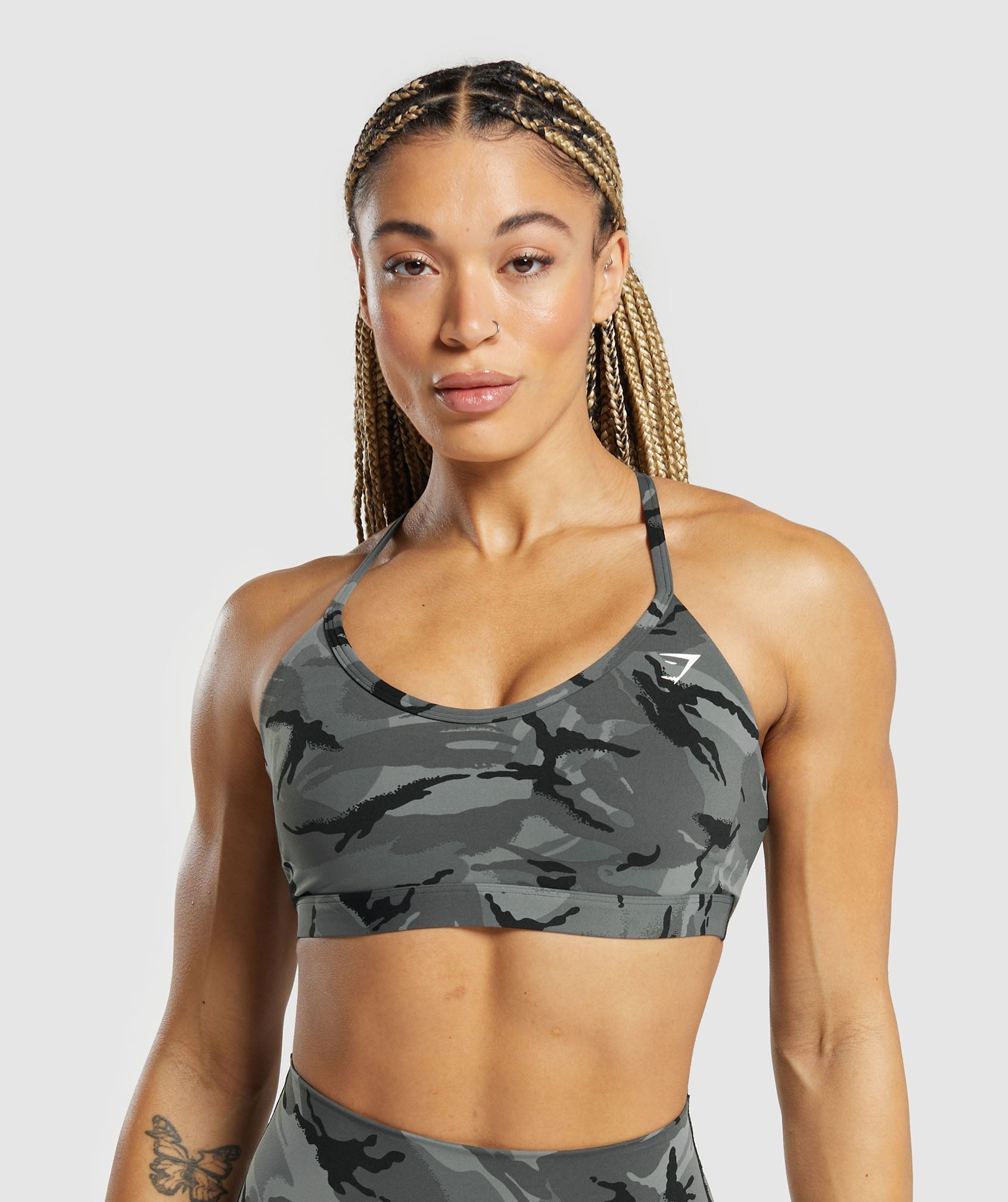 Gymshark Adapt Camo Seamless Ribbed Sports Bra - Black/Camo Brown