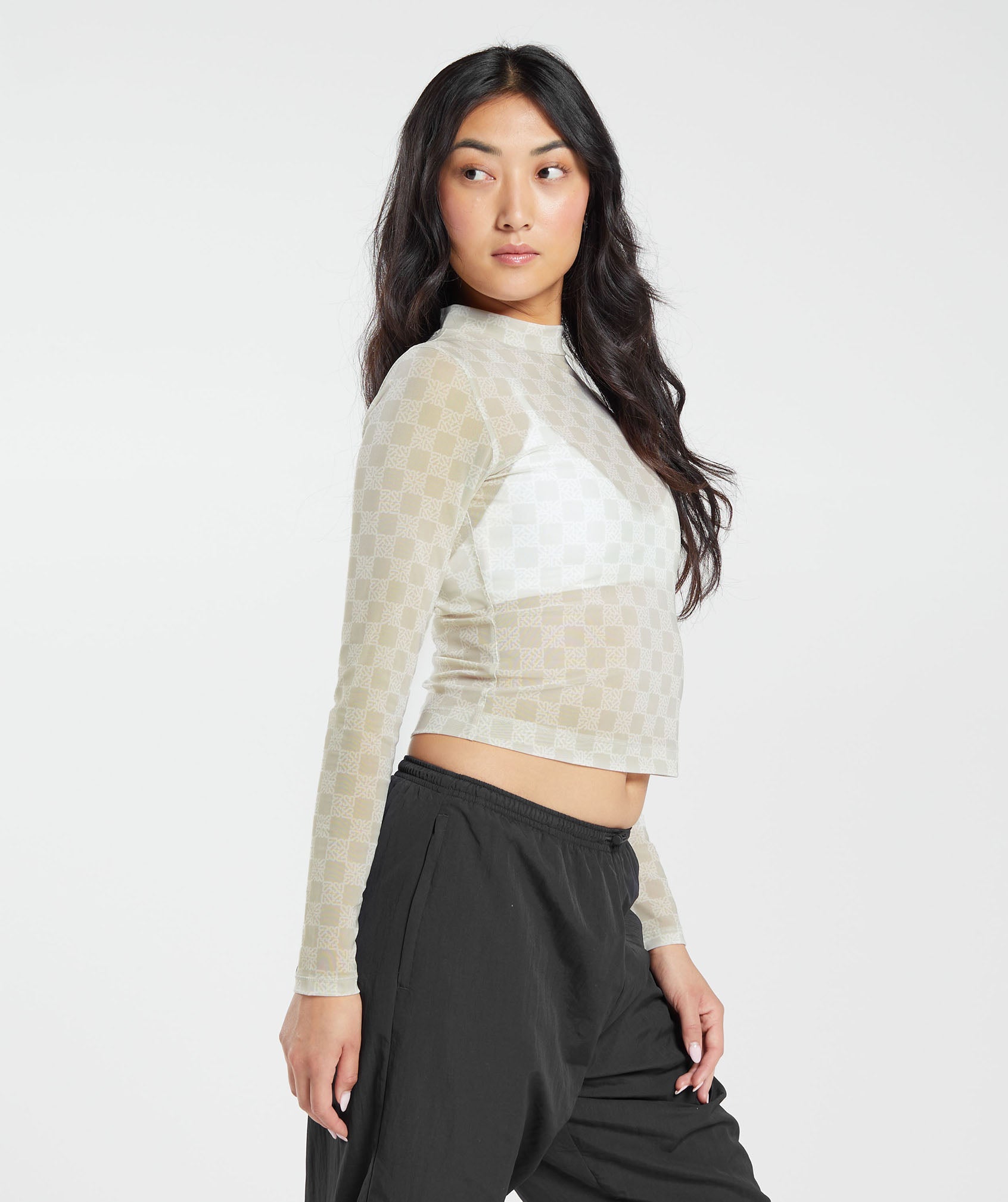 Monogram Mesh Long Sleeve Top in Vanilla White - view 3