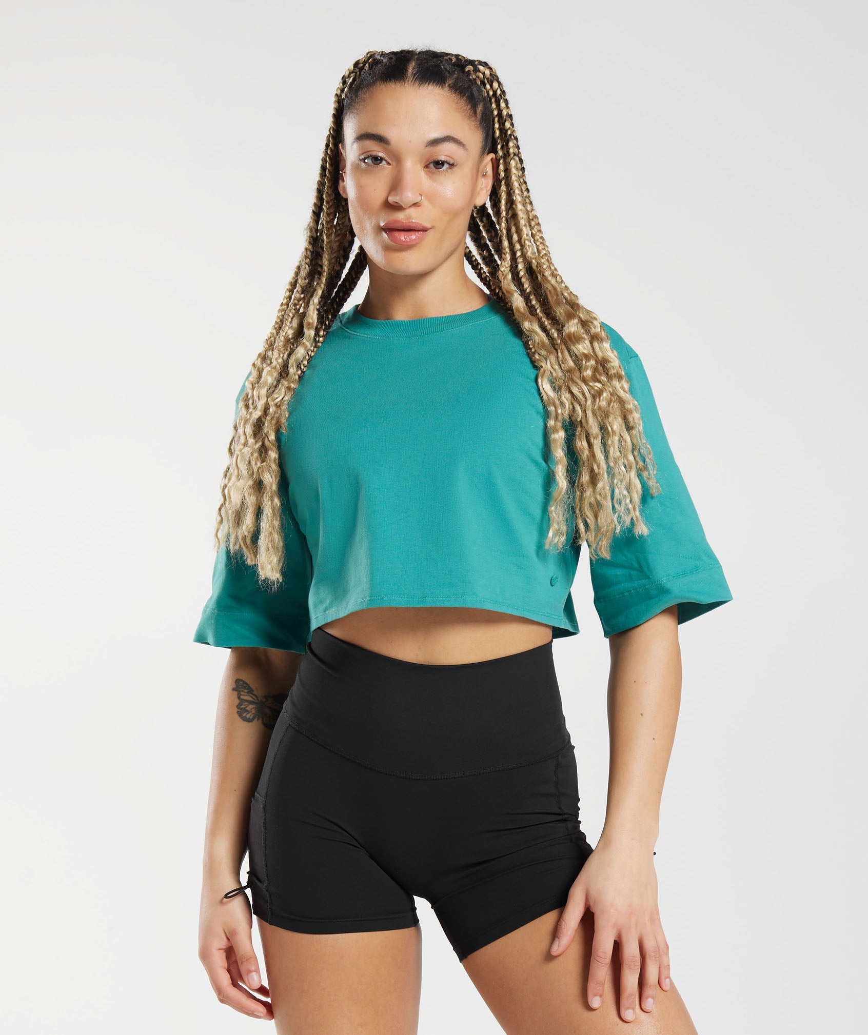 Cotton Boxy Crop Top in Jewel Green - view 1