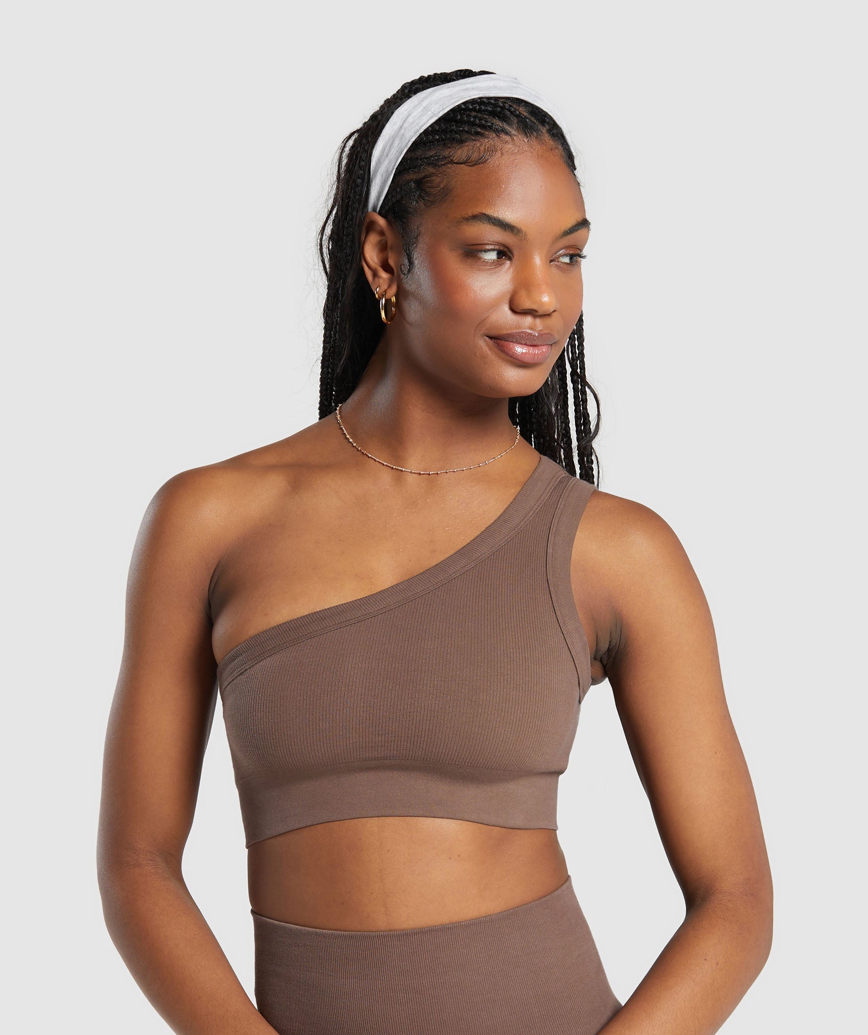 Ribbed Cotton Seamless One Shoulder Bra in Soft Brown