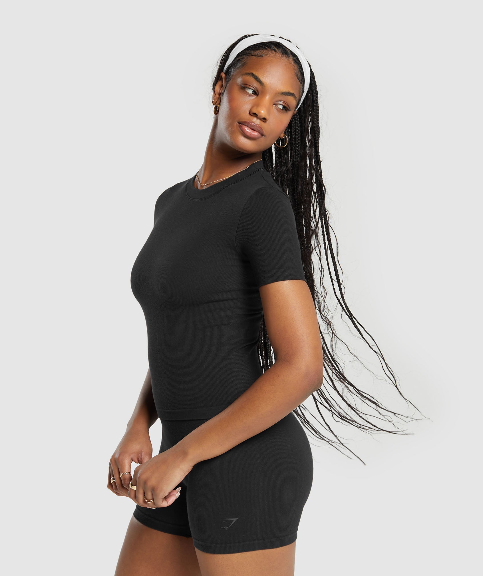 Ribbed Cotton Seamless T-Shirt in Black - view 3