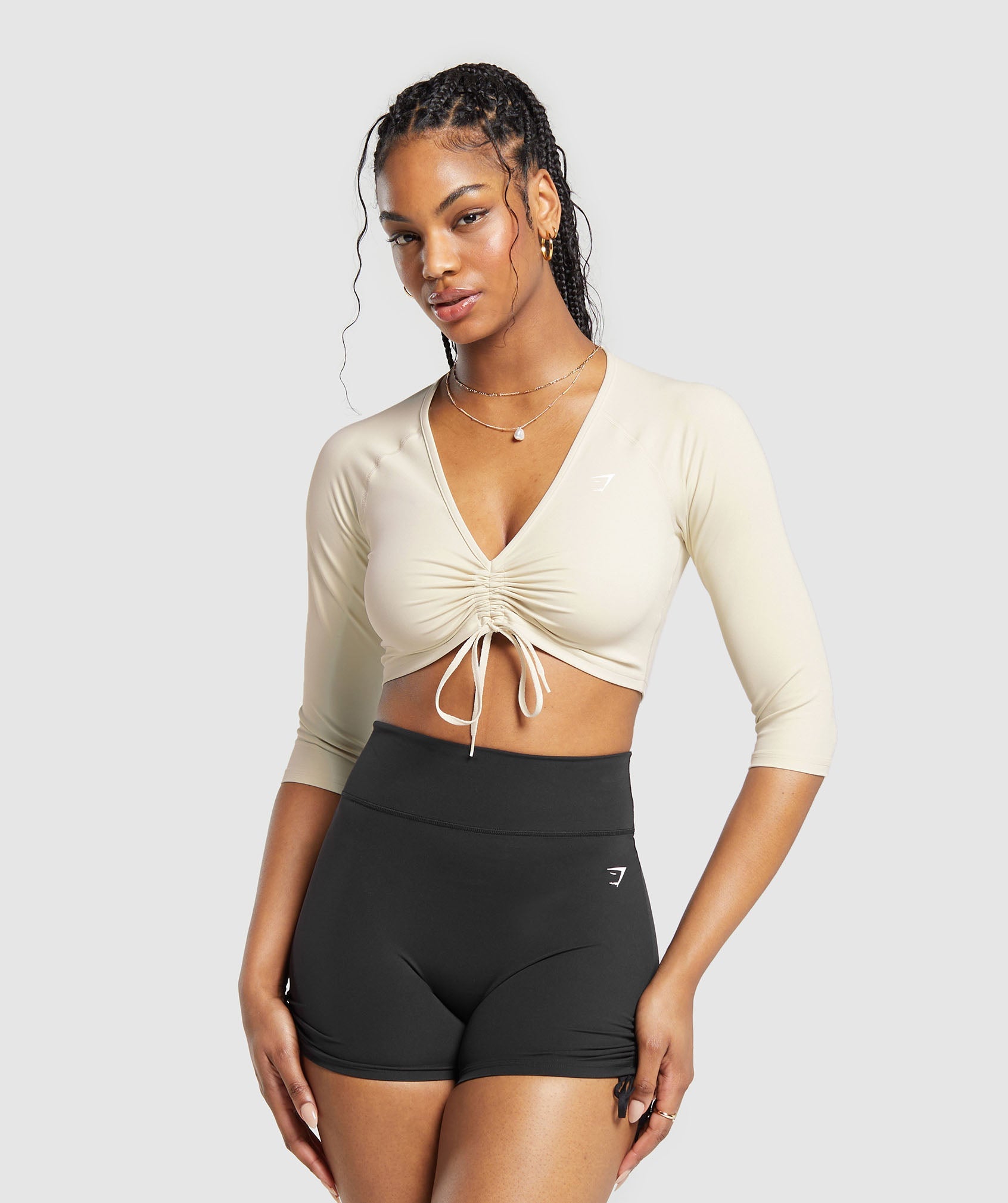 Ruche 3/4 Sleeve Crop Top in Ecru White