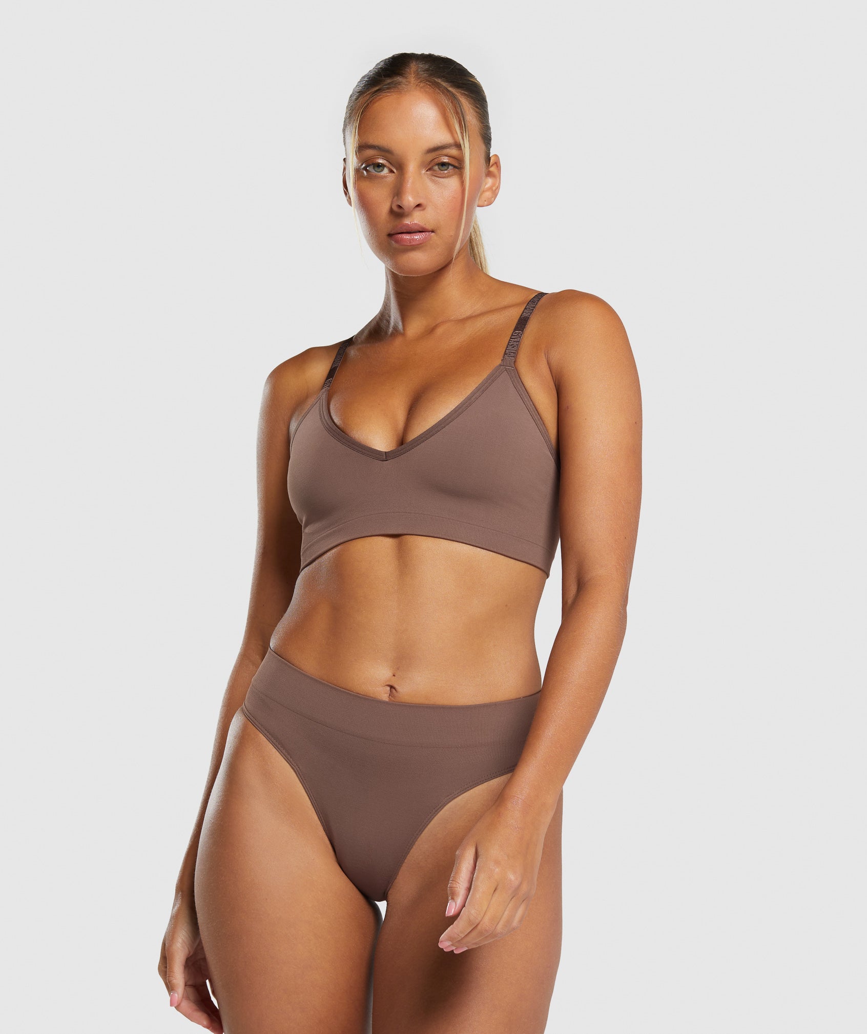 Seamless V Neck Bralette in Soft Brown - view 6