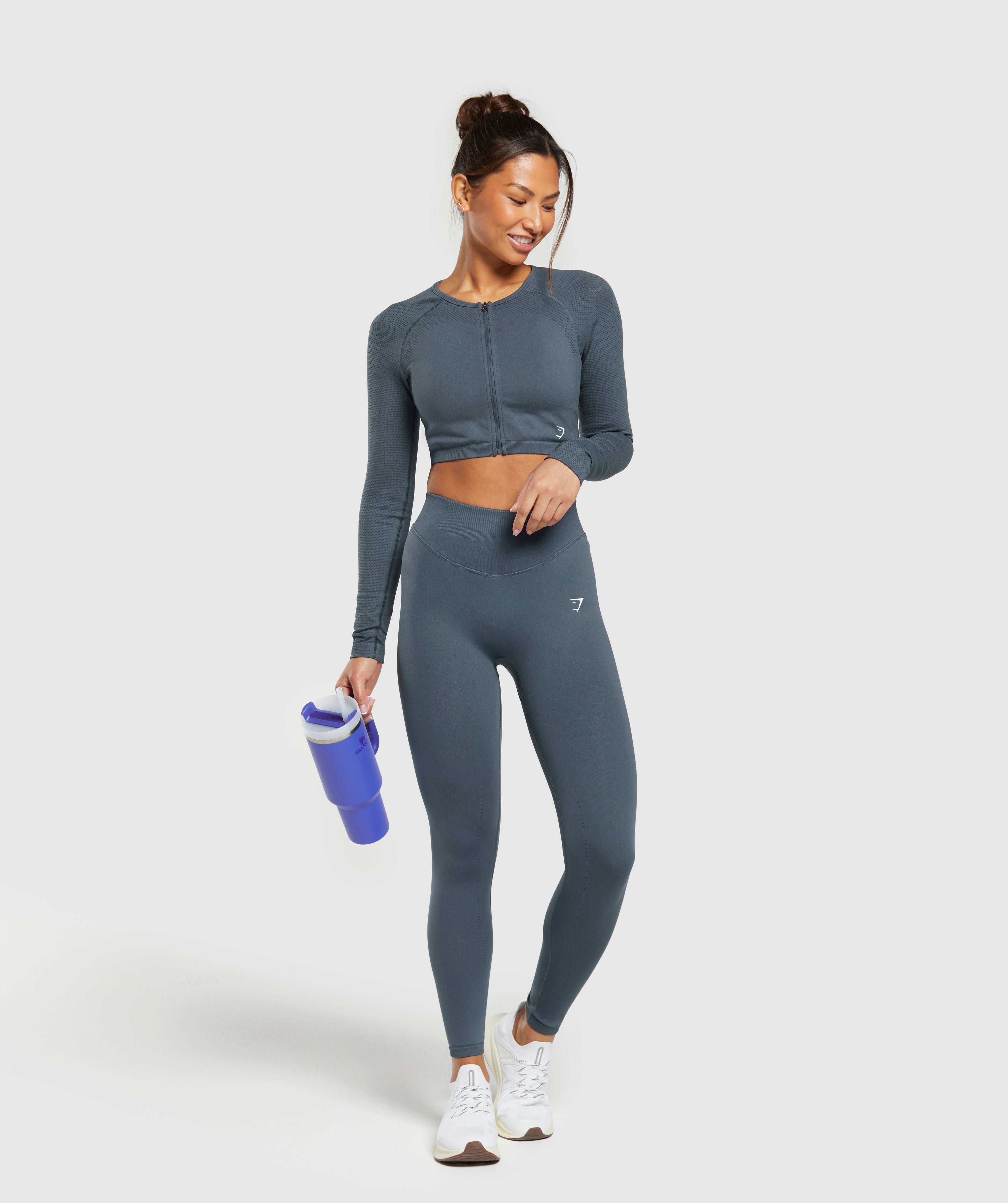 Sweat Seamless Long Sleeve Zip Crop Top in Titanium Blue - view 4