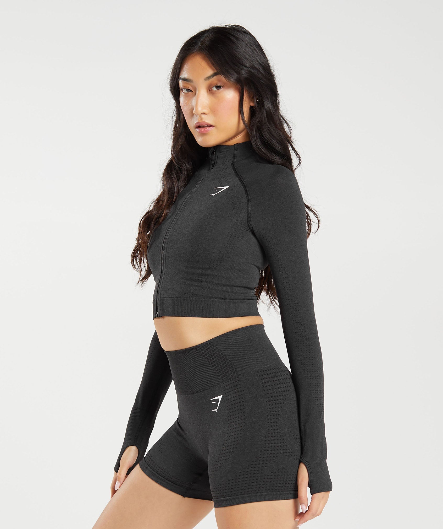 Vital Seamless 2.0 Midi Zip Up Jacket in Black Marl - view 3