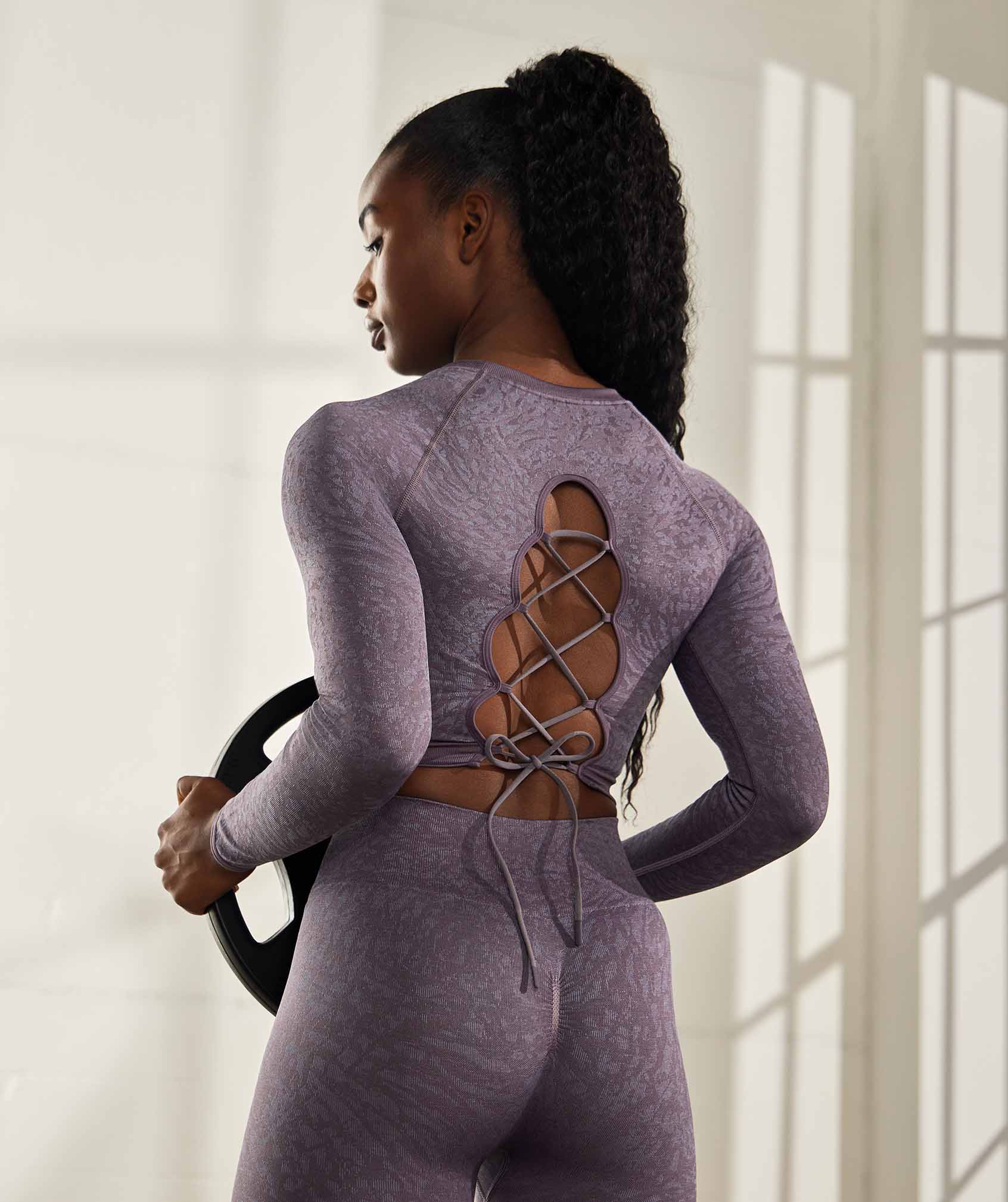 One Shoulder Lace Up Sports Bra and Leggings Set in Lilac