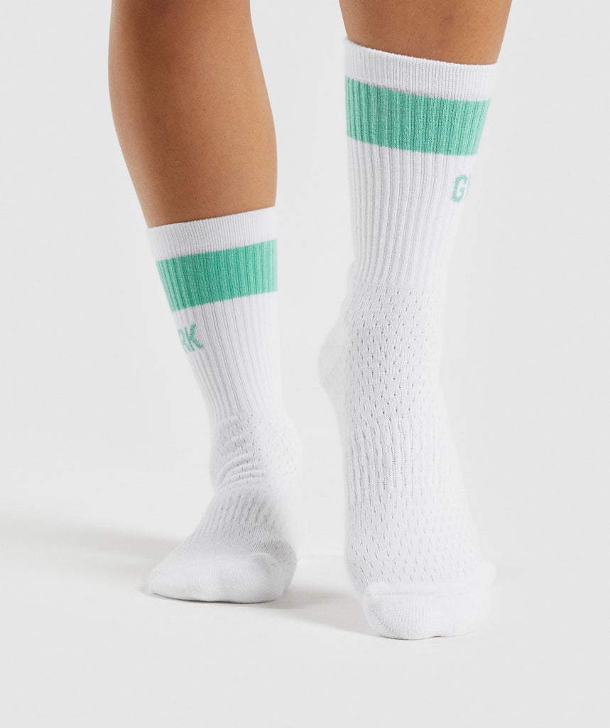 Gymshark Premium Logo Crew Socks 1pk - White/Light Green | Gymshark