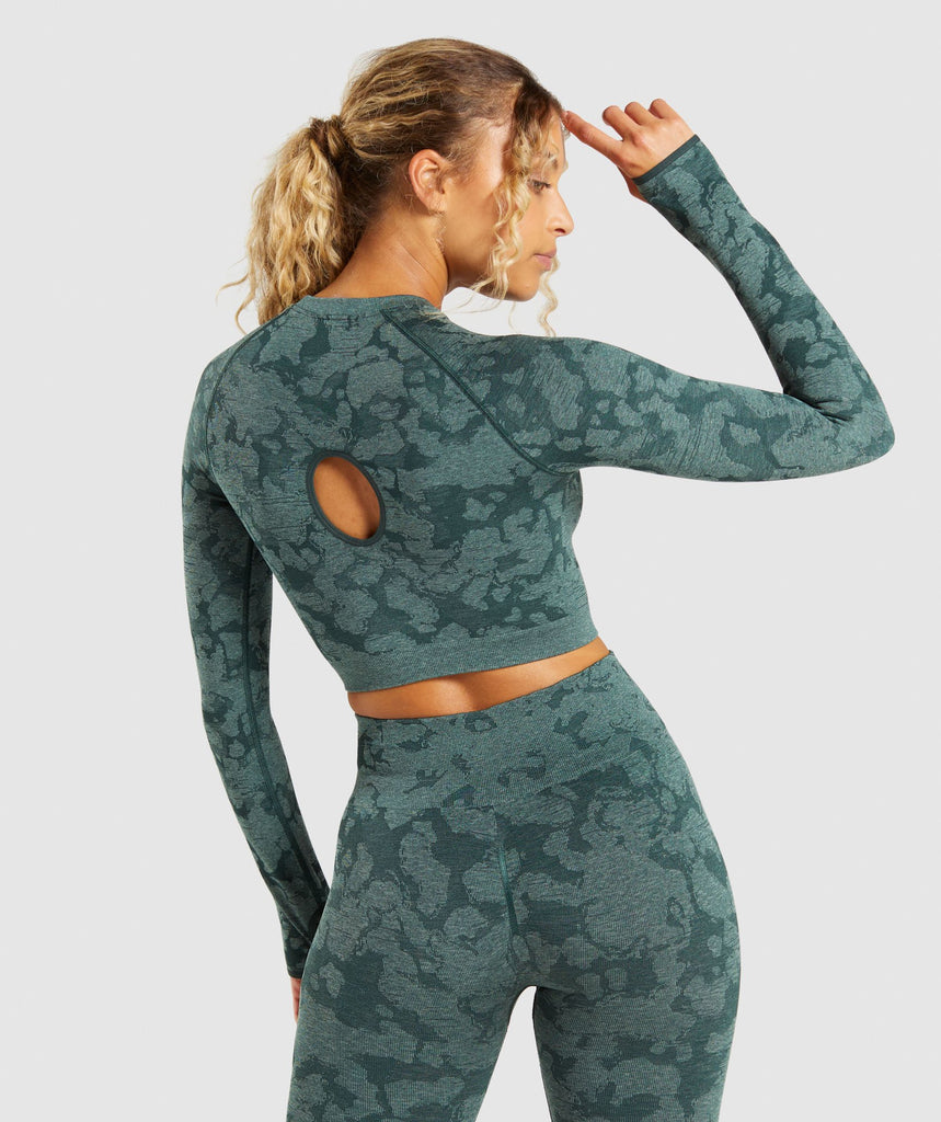 Gymshark Adapt Camo Seamless Long Sleeve Crop Top - Dark Green | Gymshark