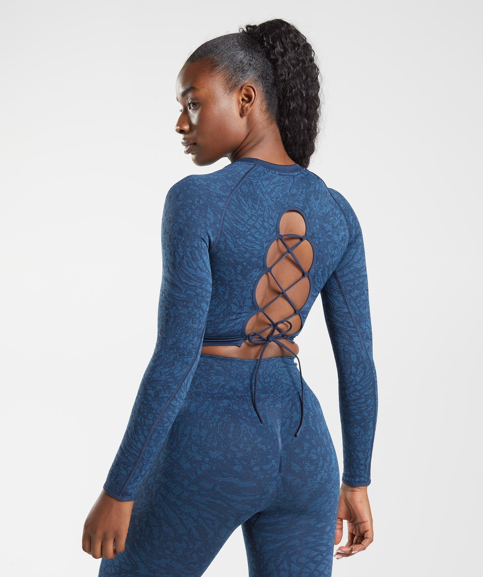 Adapt Animal Seamless Lace Up Back Top in Wild | Navy - view 3