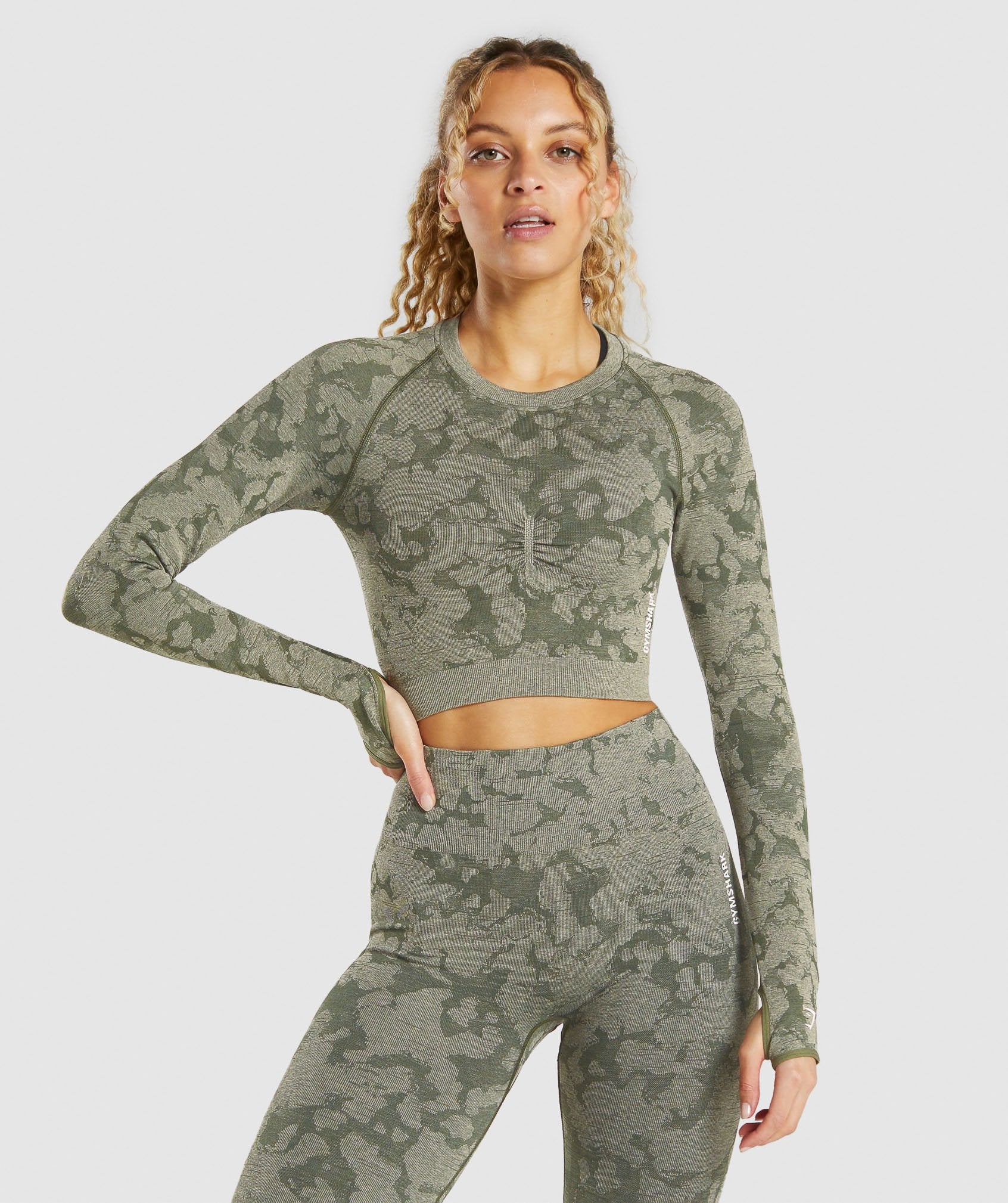 Gymshark Adapt Camo Seamless Long Sleeve Crop Top - Green | Gymshark