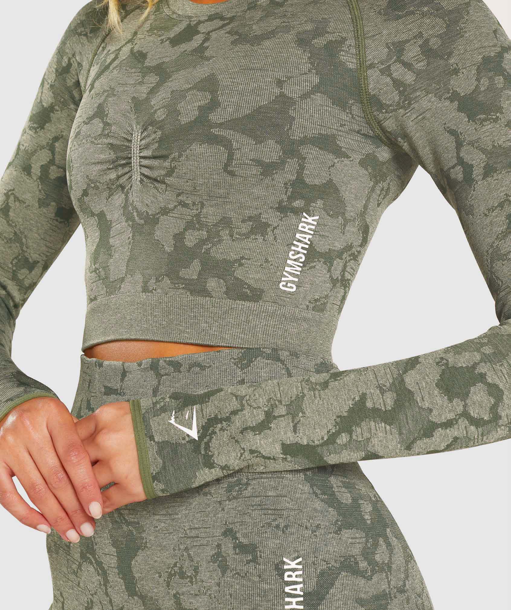 Gymshark Adapt Camo Seamless Long Sleeve Crop Top Savanna-Green