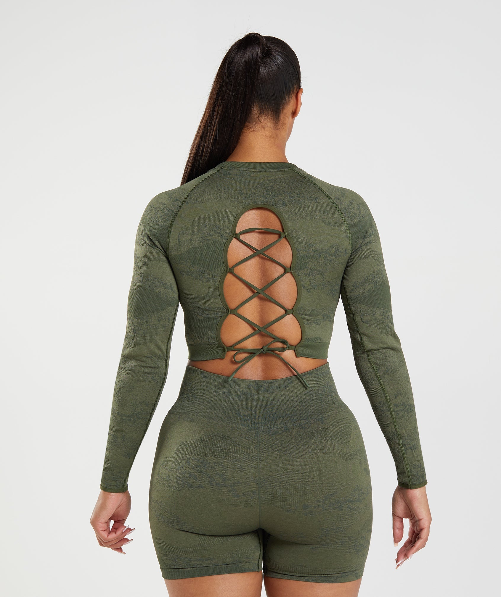 Gymshark Adapt Camo Seamless Lace Up Back Top - River Stone Grey/Evening  Blue
