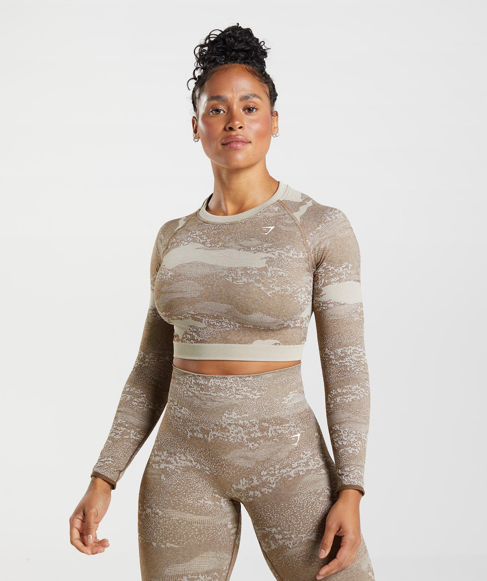 Gymshark Adapt Camo Seamless Lace Up Back Top - Pebble Grey/Soul Brown ...