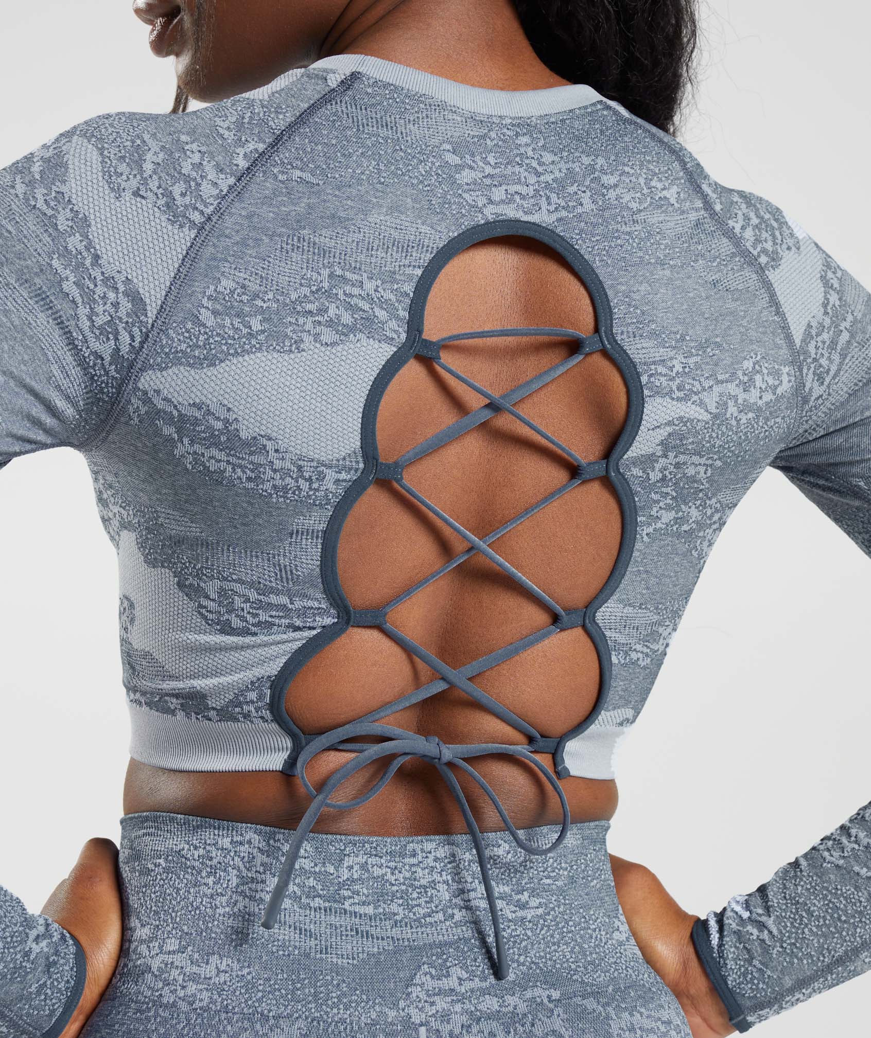 Adapt Camo Seamless Lace Up Back Top in Lava |  River Stone Grey/Evening Blue - view 4