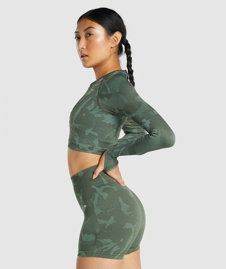 Gymshark Adapt Camo Seamless Long Sleeve Crop Top - Savanna | Green ...