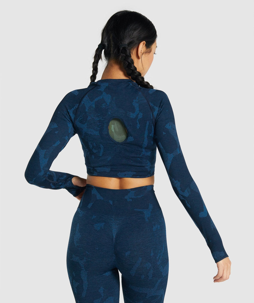 Gymshark Adapt Camo Seamless Long Sleeve Crop Top - Savanna | Navy ...