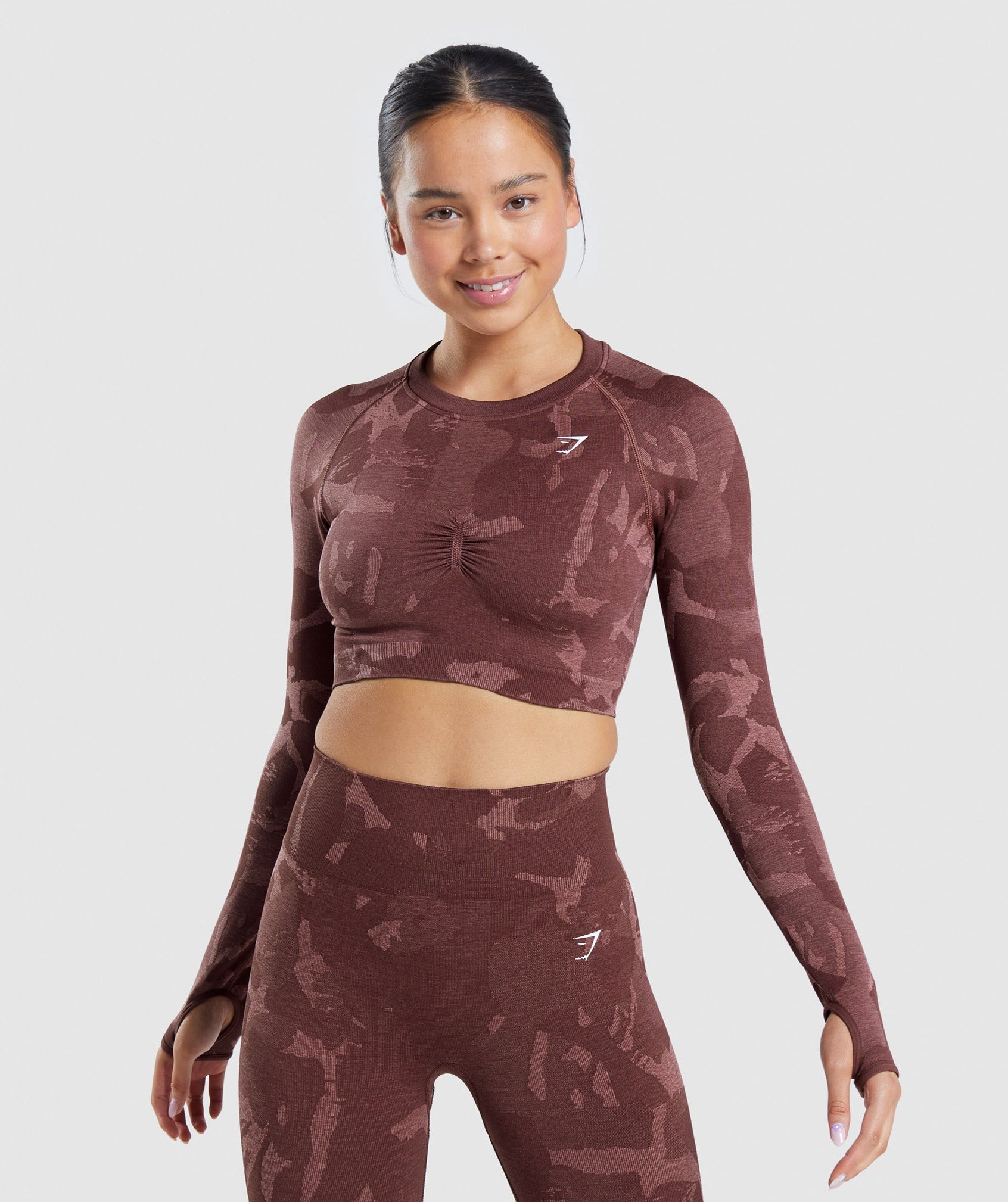 Adapt Camo Seamless Long Sleeve Crop Top in Savanna | Cherry Brown - view 1