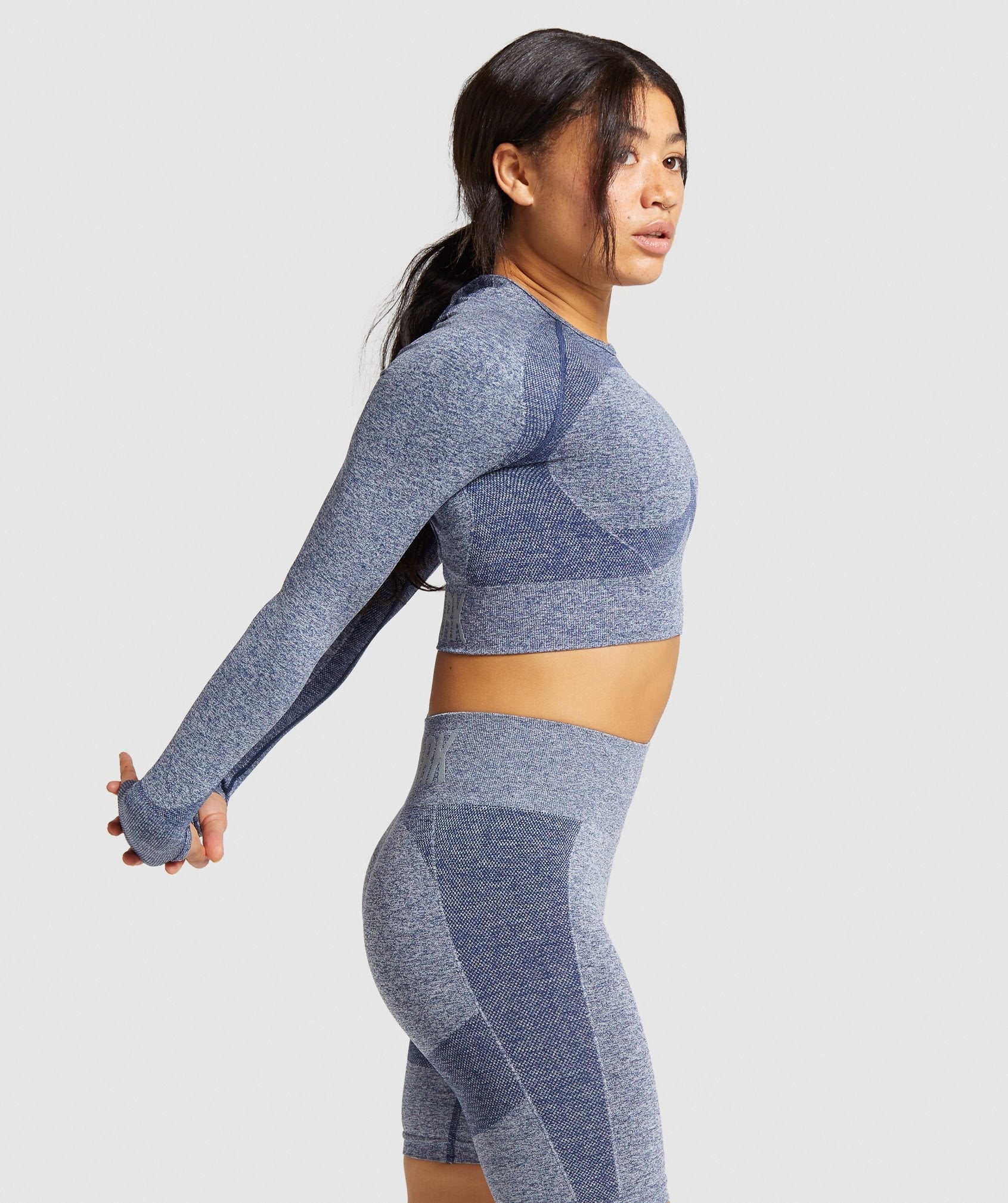 Flex Sports Long Sleeve Crop Top in Navy Marl/Light Grey