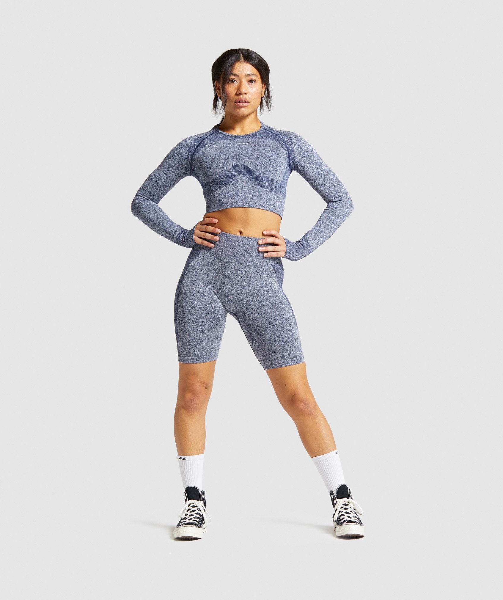 Flex Sports Long Sleeve Crop Top in Navy Marl/Light Grey