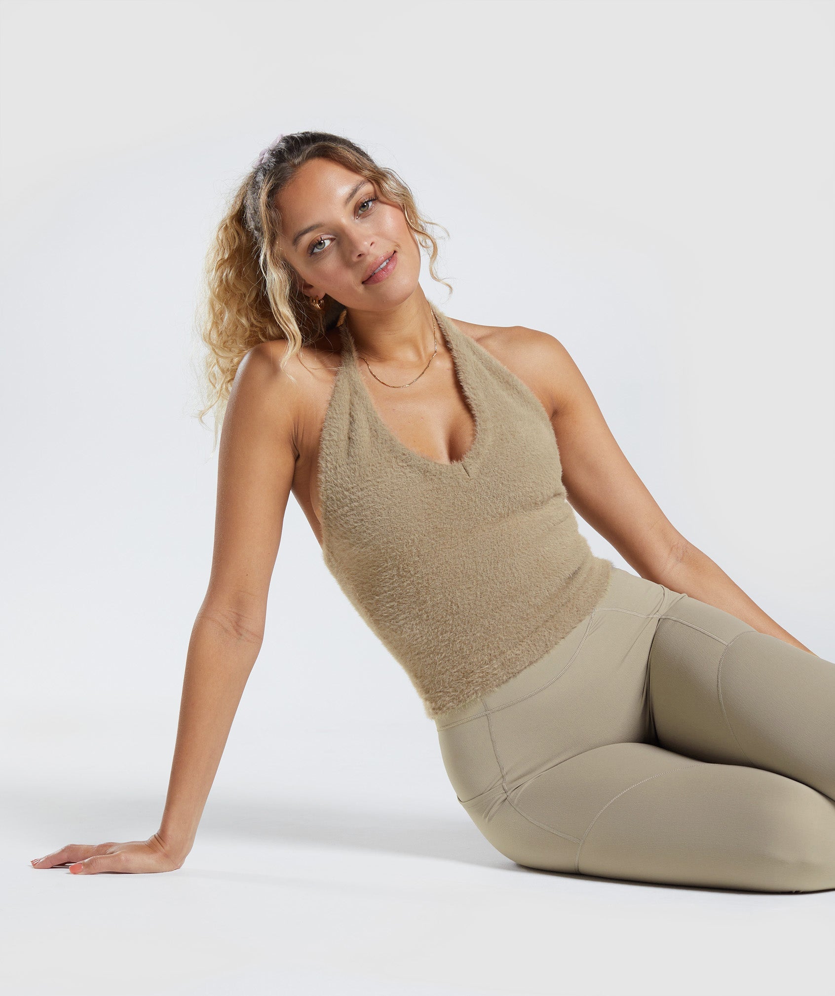 Gymshark Whitney Eyelash Knit Midi Halter Top - Cement Brown