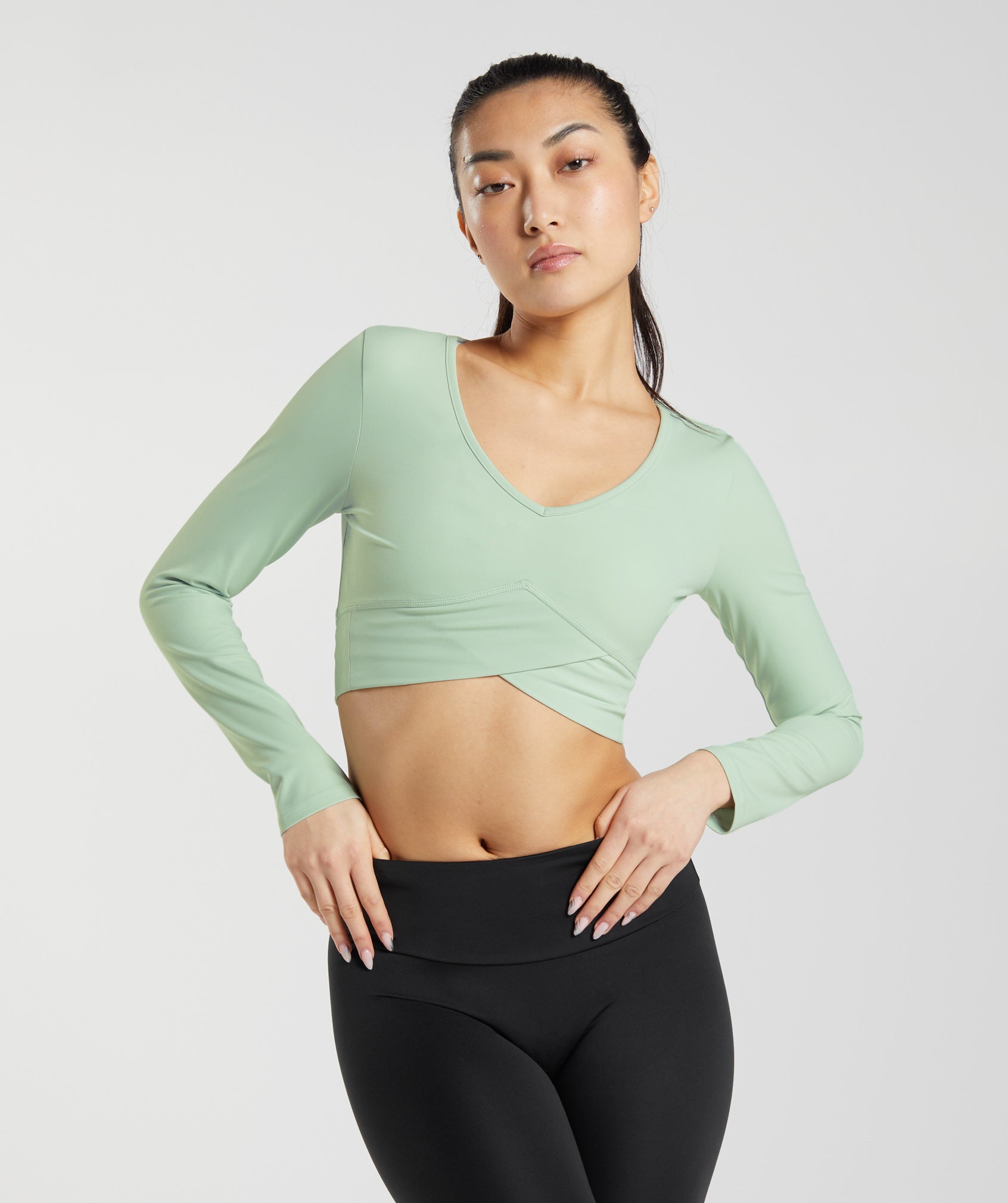 Crossover Long Sleeve Crop Top in Mist Green - view 1